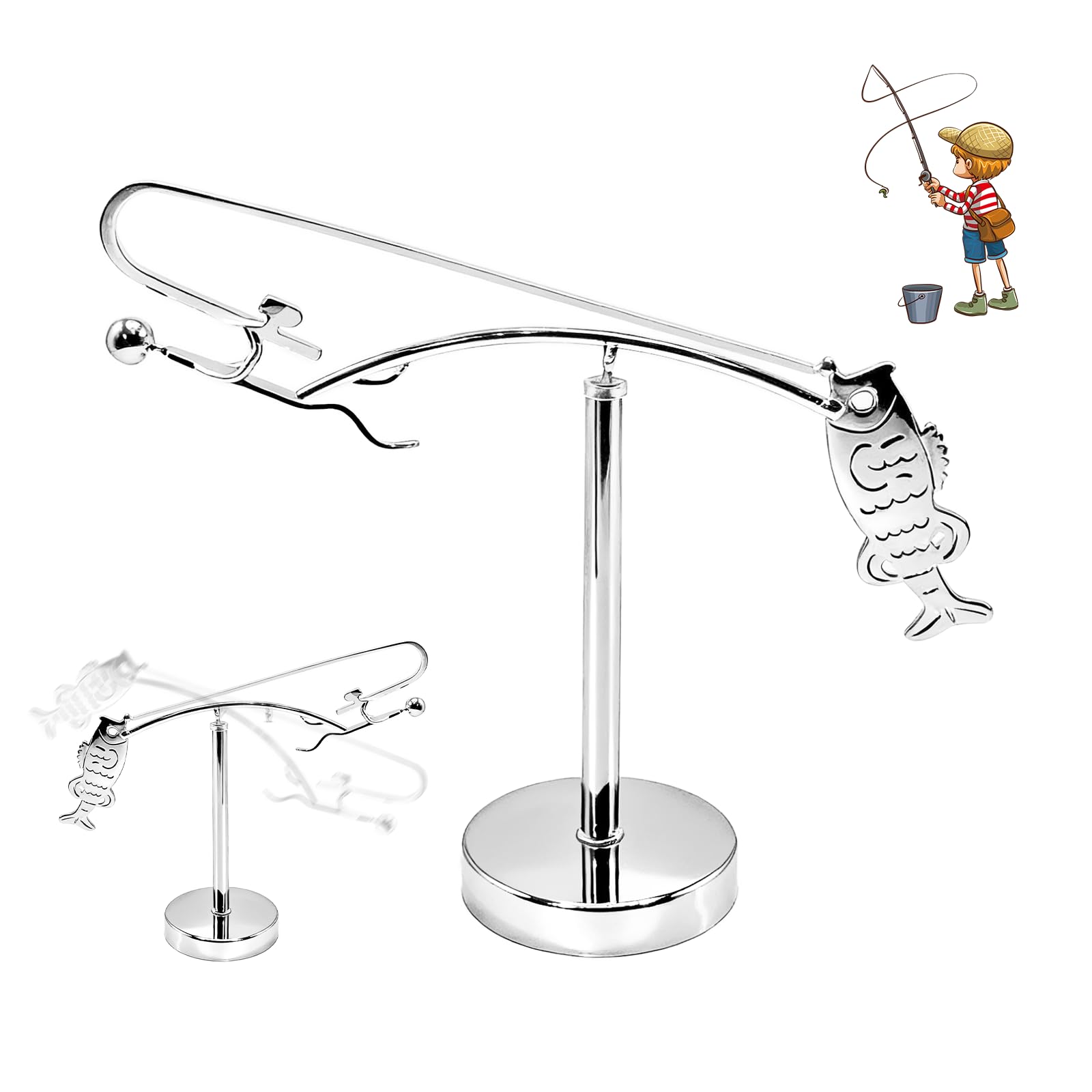 Fisherman Balancing Sculpture, Stainless Steel Kinetics Fishing Sculpture, Physics Balance Art for Your Space Home Office Decoration