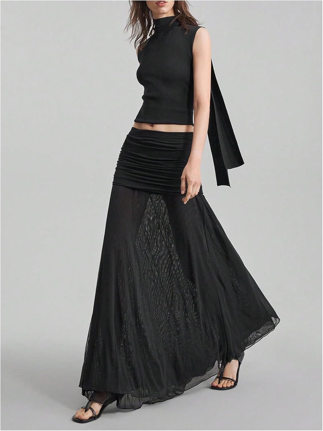 Verdusa Women's Maxi Skirts Ruched Mesh Sheer Long Skirt Ruffle Flowy Brunch Going Out Outfits - Image 6