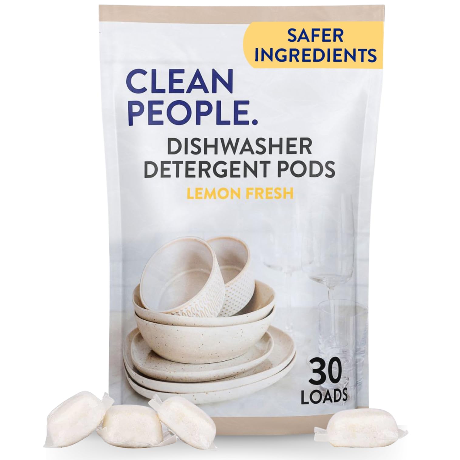 THE CLEAN PEOPLE Dishwasher Pods - Cuts Grease & Rinses Sparkling - Residue-Free - Phosphate Free Dishwashing Pods - Lemon, 30 Pack