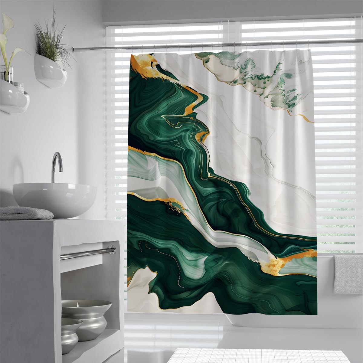 UIRINGART Luxury Bath Curtain W180xL200cm Emerald Green White Abstract Liquid Fluid Marble Swirl Yellow Lines Pattern Mildew Mould Resistant Polyester Fabric Shower Curtain