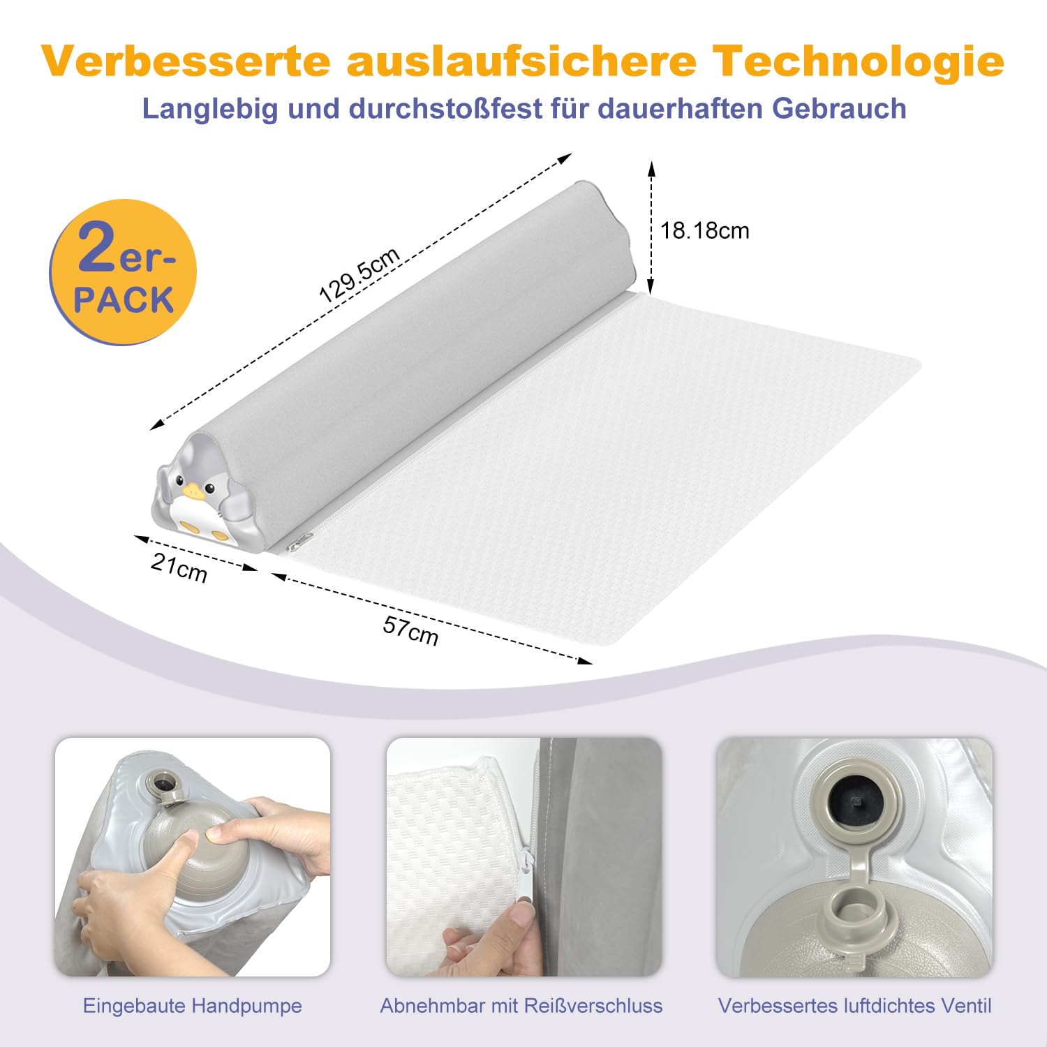 Rausfallschutz Aufblasbar Bett Reise: 2er Set Aufblasbarer Rausfallschutz für Kinder mit INTEGRIERTER Pumpe & Anti-RUTSCH-Matte - 130cm Bettschutzgitter für Boxspringbett Kinderbett