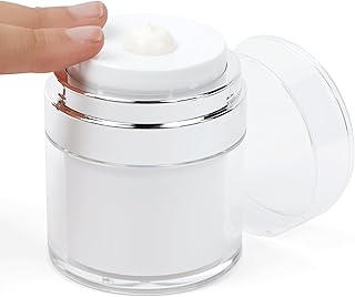Large Refillable Skincare Container | 1.7 oz Airless Pump Jar | Includes Spatula And Labels | Great Travel Jars For Creams Or Lotion Dispenser | Moisturizer Pump Dispenser For Lotion | Pump Moisturizer Container | Drunk Elephant Container Twist Pump