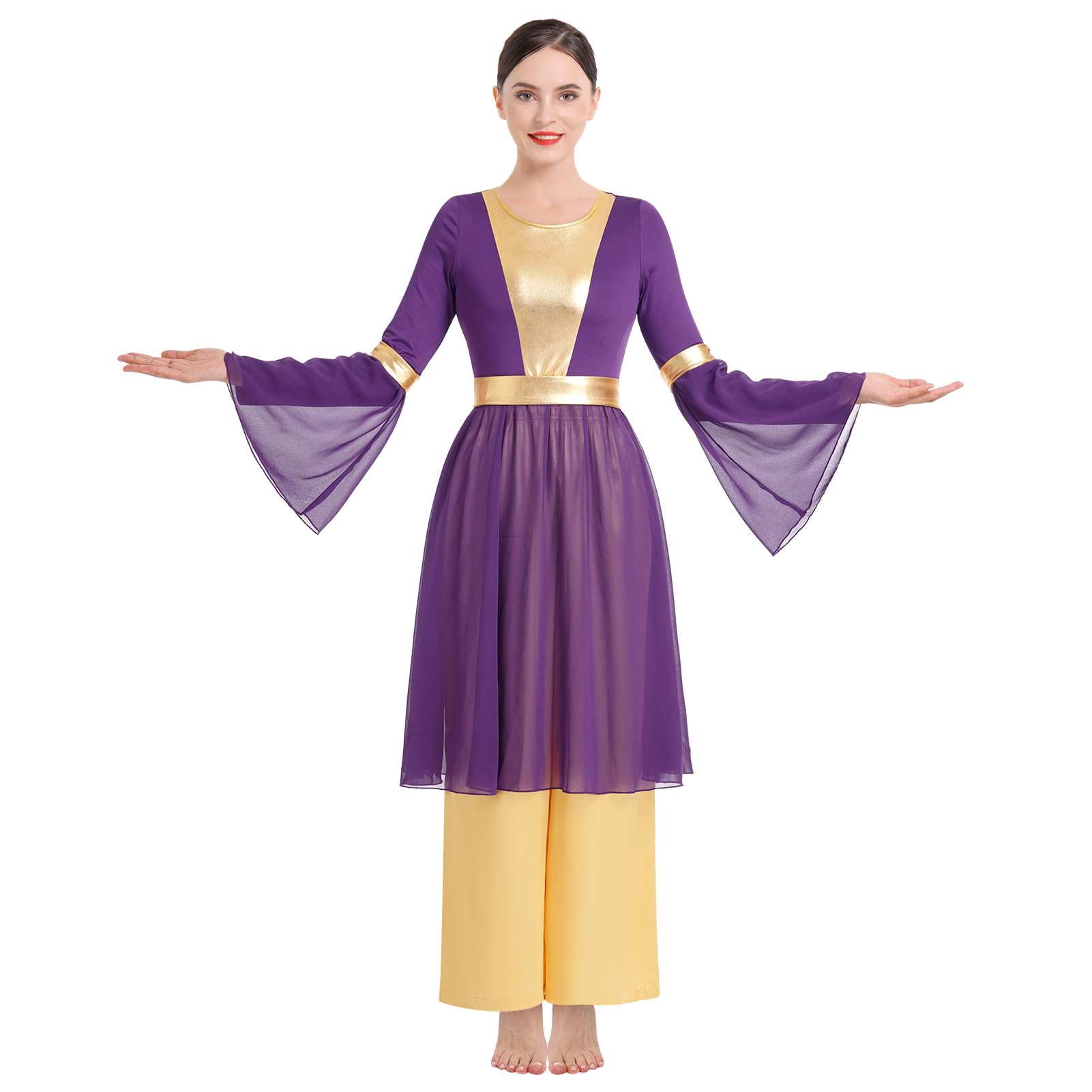 IBAKOM Praise Dance Dress for Women Long Dance Overlay and Tunic Gold Baggy Pant Lyrical Worship Liturgical Dancewear Worship