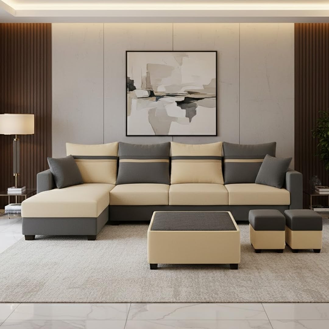 CASASTYLE Wollise 8 Seater Fabric LHS L Shape Sofa Set with 1 Centre Table & 2 Puffy (Cream- Dark Grey) | Velvet Finish | Comfortable Sectional Sofa for Living Room-image-14