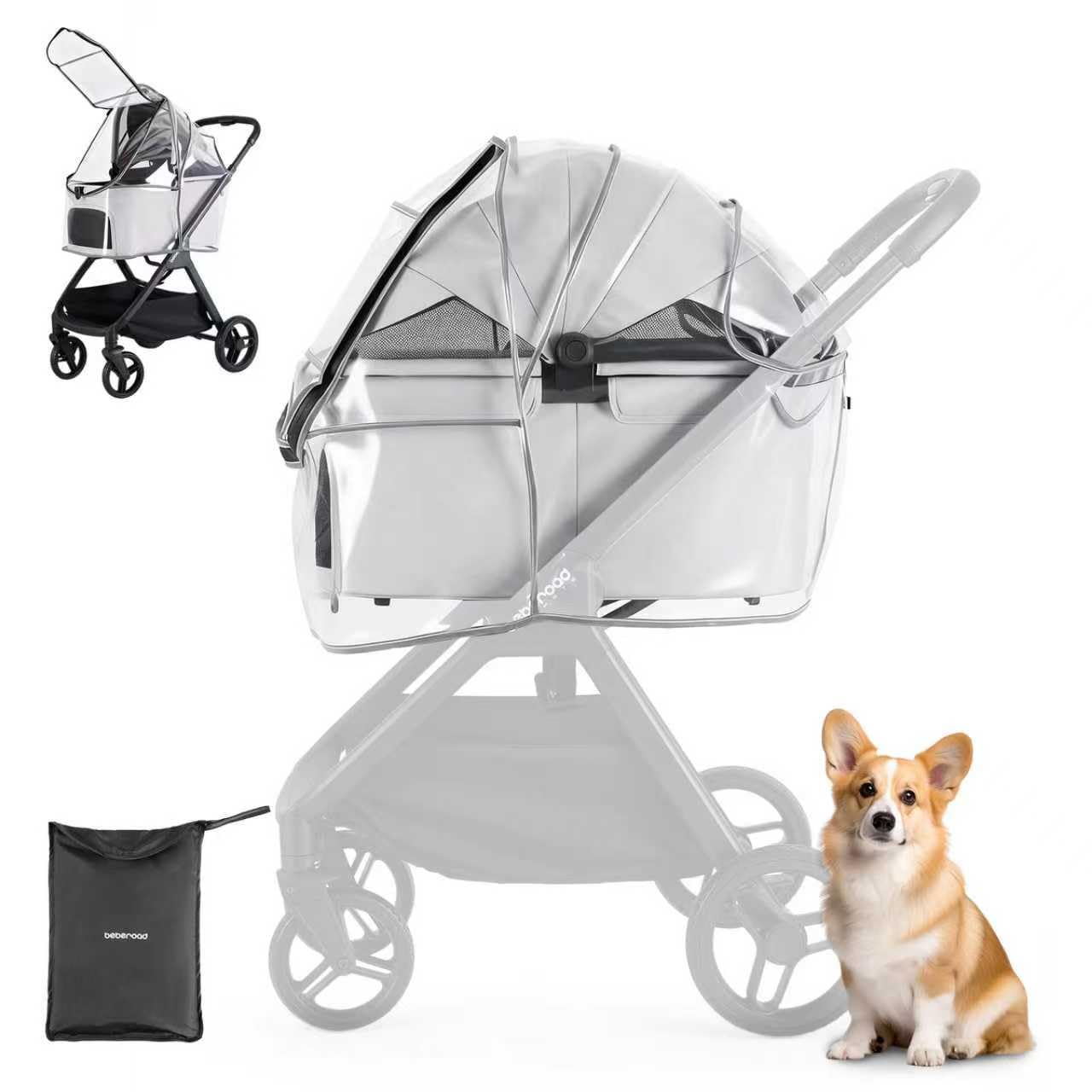 Beberoad Unisize - Parapioggia per passeggino per animali domestici, pieghevole, trasparente, protezione per neve, vento e pioggia, adatto per X2/X3/T5/T6/X5 e vari modelli di passeggini