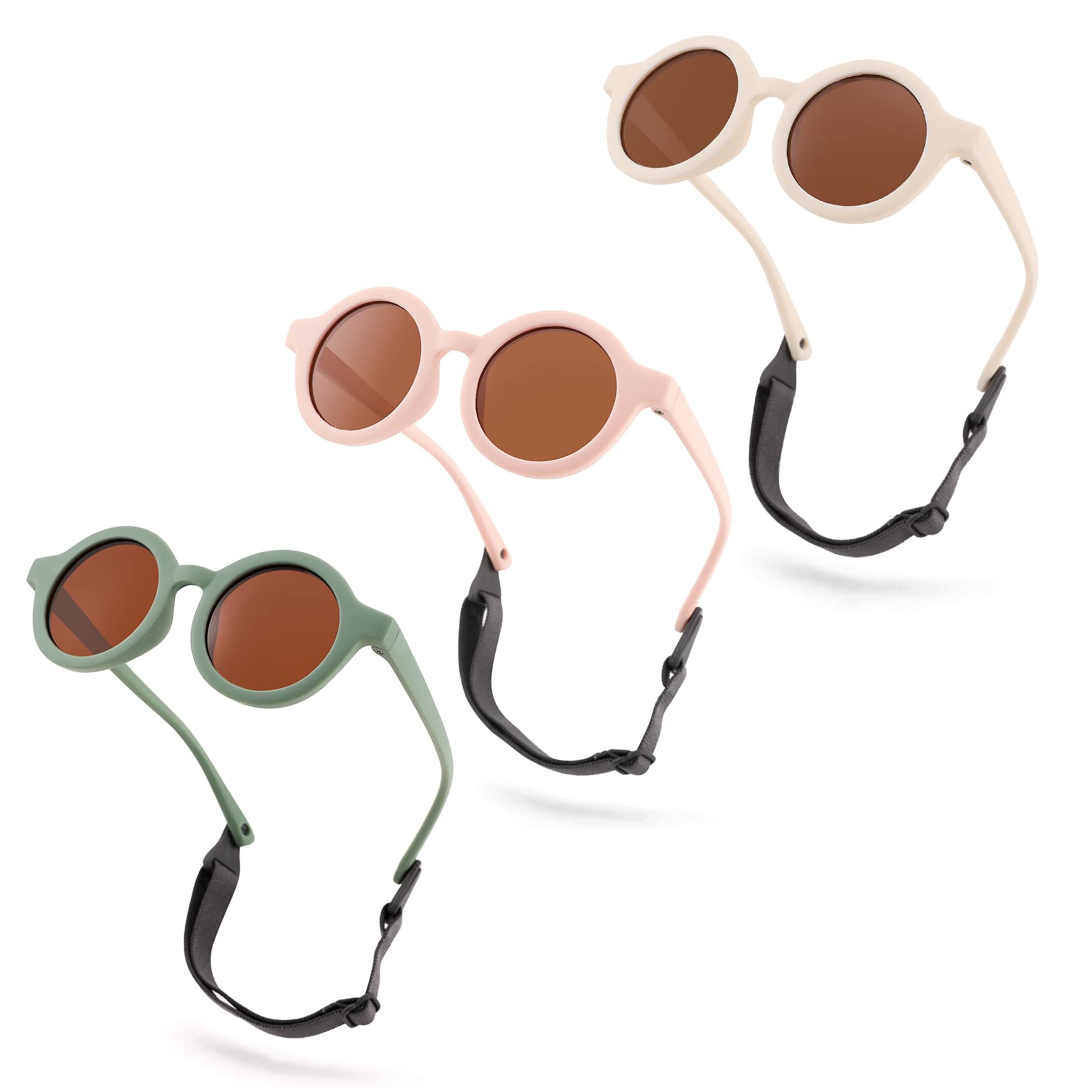 BouryoPolarized Cute Round Sunglasses Flexible Newborn Baby Sunglasses with Strap for Infant Boys Girls Ages 0-24 Months