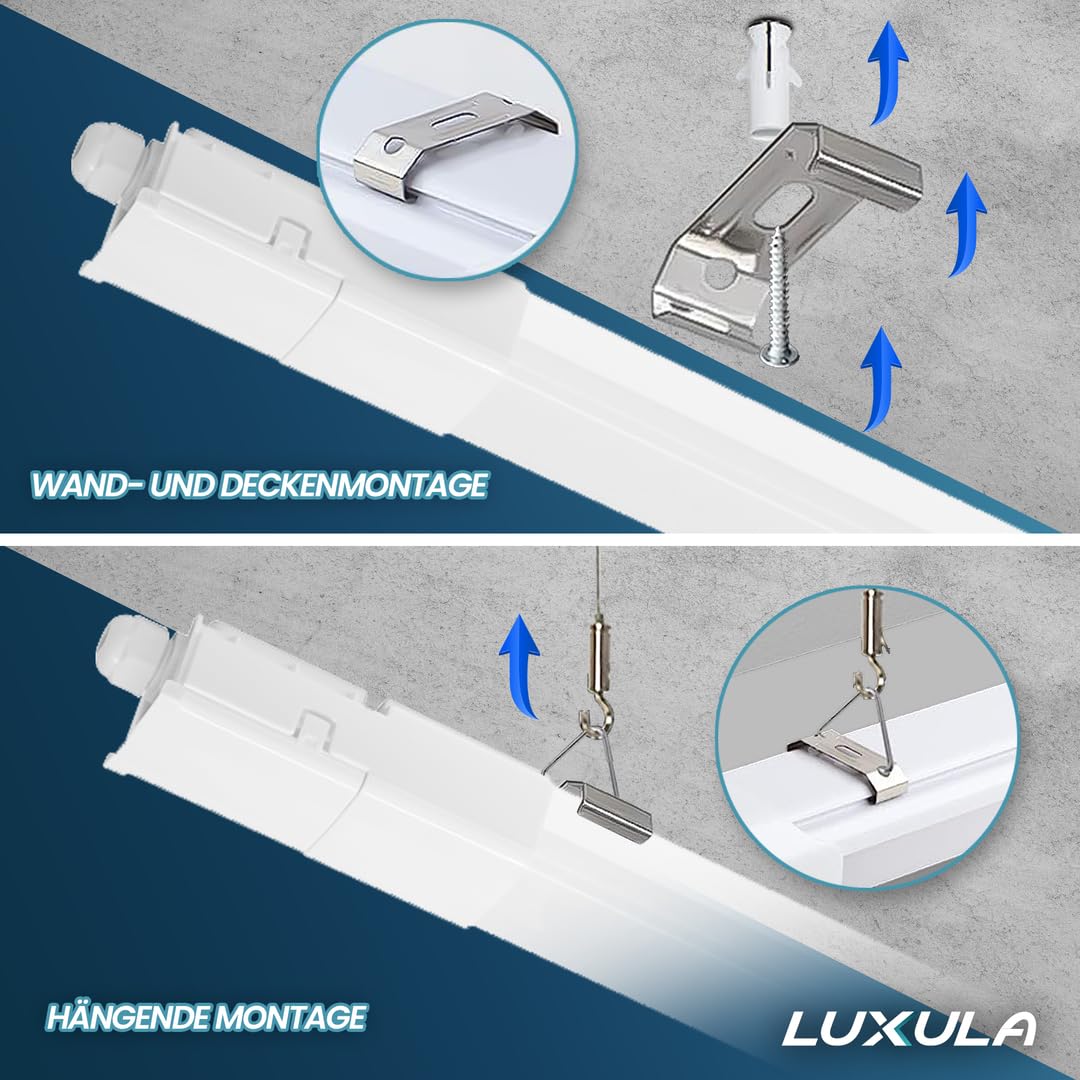 LUXULA 4x LED Feuchtraumleuchte 120 cm, 32W 3680lm, 115lm/W, durchschleifbar, Fast Connector, robuste Wannenleuchte für Garage Keller Werkstatt, gleichmäßige Ausleuchtung, einfache Montage