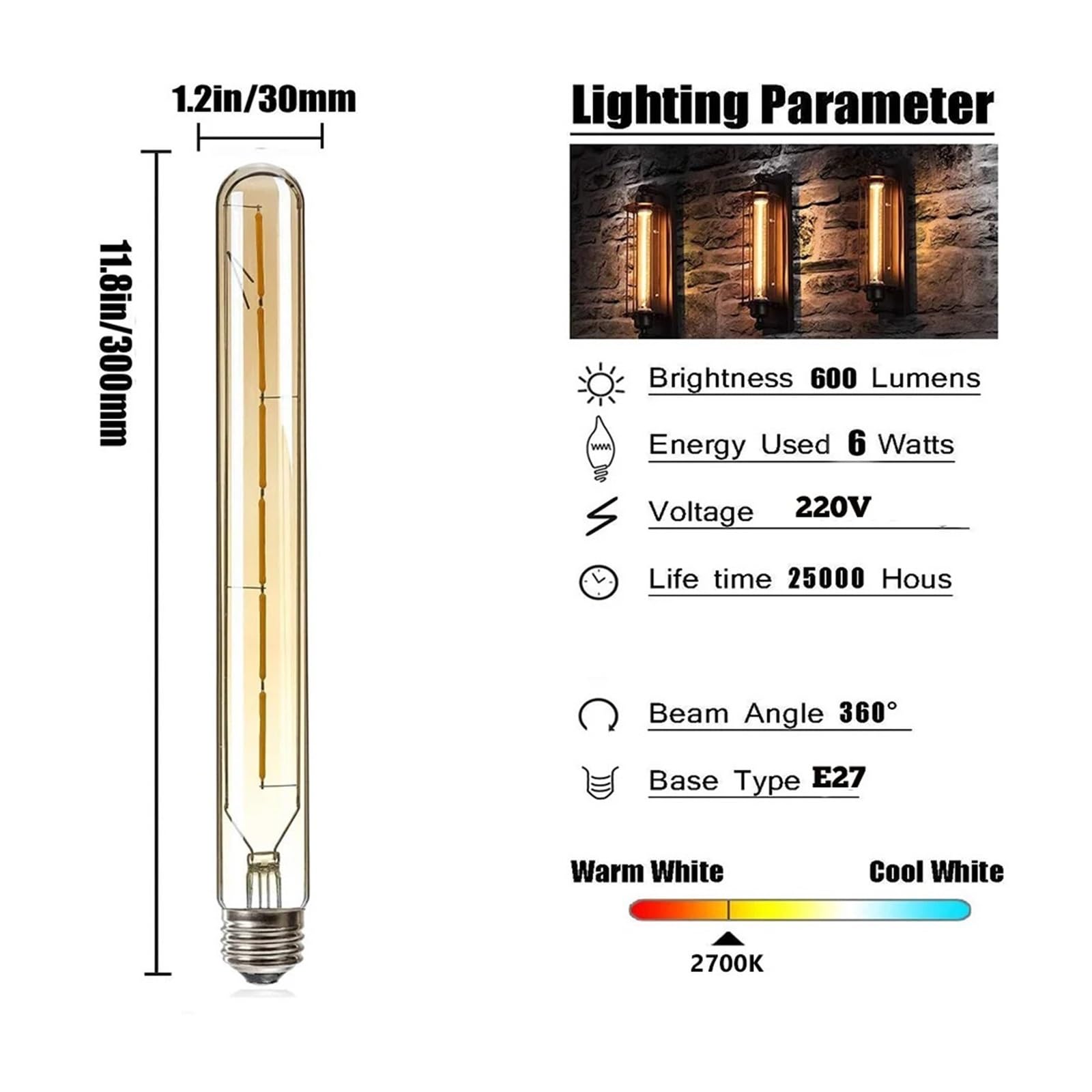 Bombilla LED Tubular T30, Bombilla de filamento Vintage T300, 6 W, 2700 K, Casquillo E27.(4PCS_Amber Glass_NO_6W)