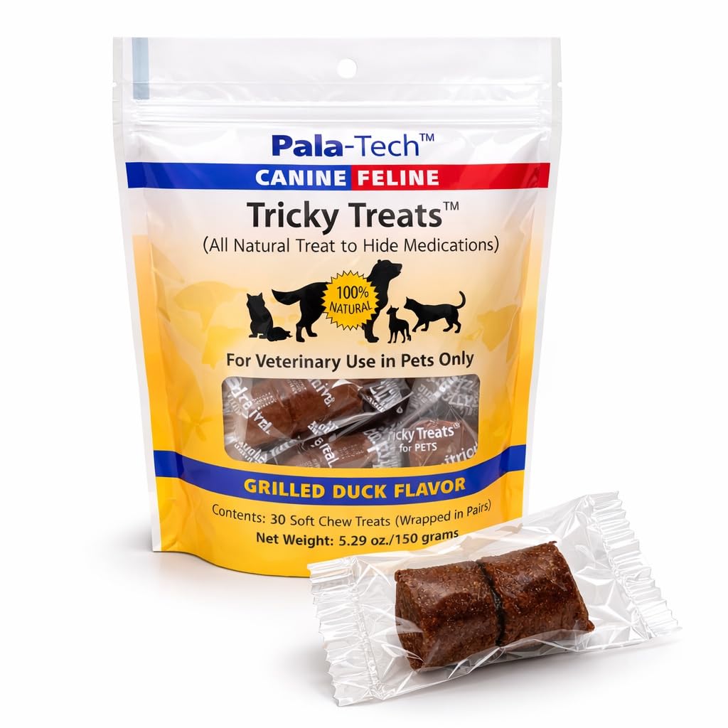 Pala Tech Canine Feline Tricky Treats Grilled Duck Flavor 30 soft chew treats,5.29 oz/150 grams for veterinary use in pets only