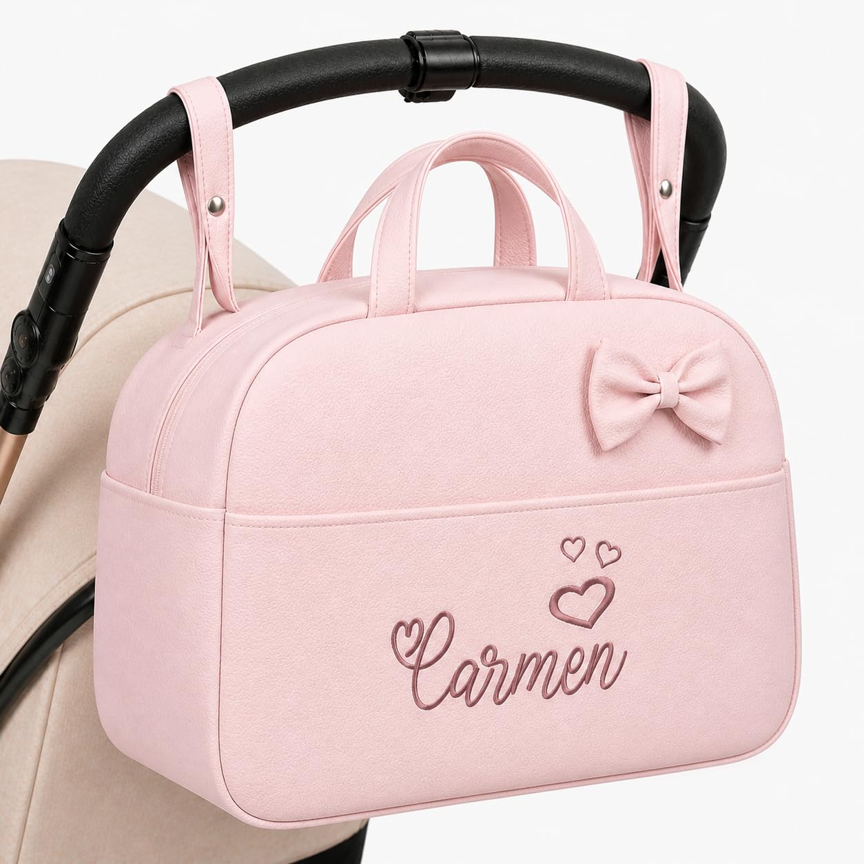 Danielstore - Bolso Maternidad Personalizado | Organizador Pañales | Asa Colgar al Hombro | Compatible Carrito Bebe | Fácil Limpieza, Rosa, 1 Unidad, Polipiel