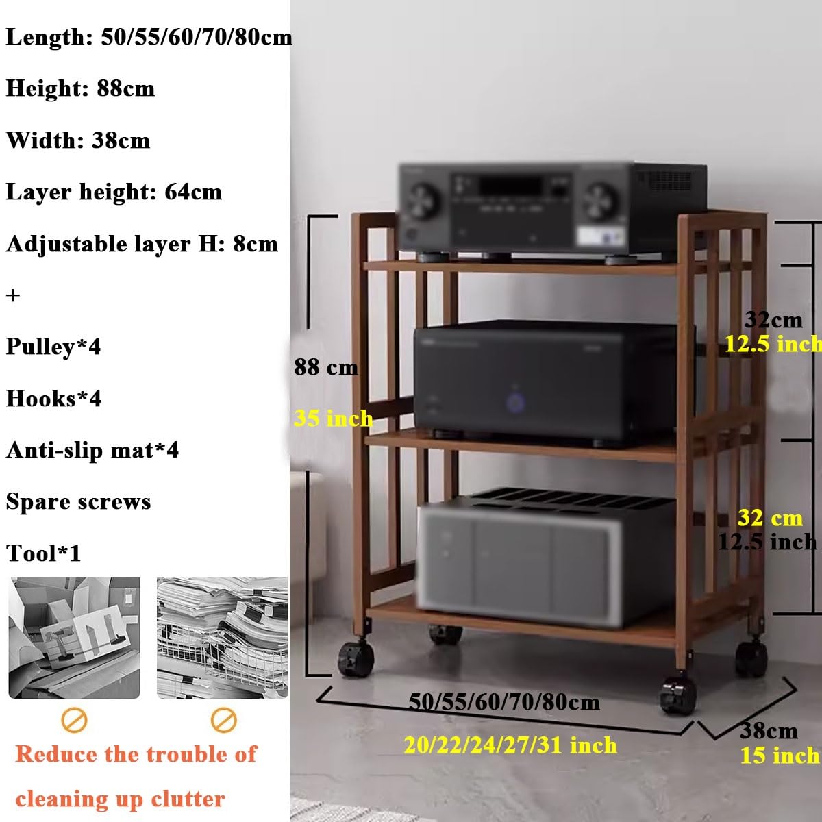 3 Tier Stereo Cabinet Furniture, Large Capacity Media Storage Rack For Audio-Video Equipment Shelving, Corner Bookshelf With Adjustable Shelf/Universal Wheels For Office Home Living Room Kitchen(W-50C
