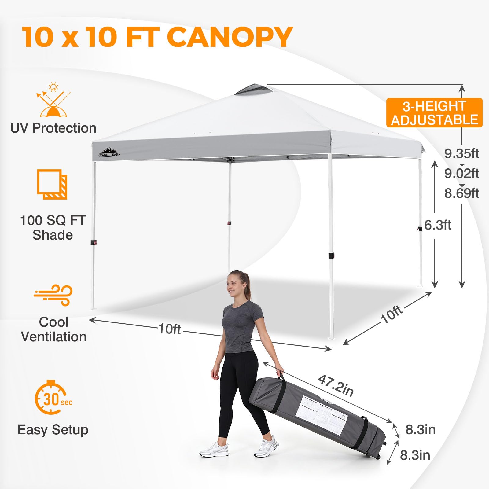 EAGLE PEAK Namiot-Retina Samorozwijany z Torbą Transportową na Kołach, 8 Špilkami, 4 Liniami Stabilizującymi, 4 Torbami do Napełnienia, Łatwy w Montażu, 3x3 m, Biały