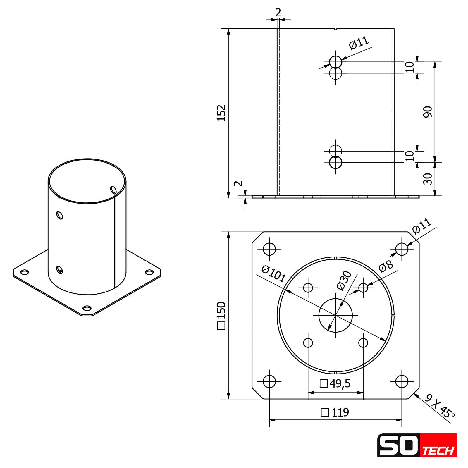 SOTECH JUEGO de 2 anclajes roscados, redondos Ø 100 mm, 152 mm de altura, acero galvanizado en caliente, toma de tierra para madera redonda - ideal para uso en exteriores