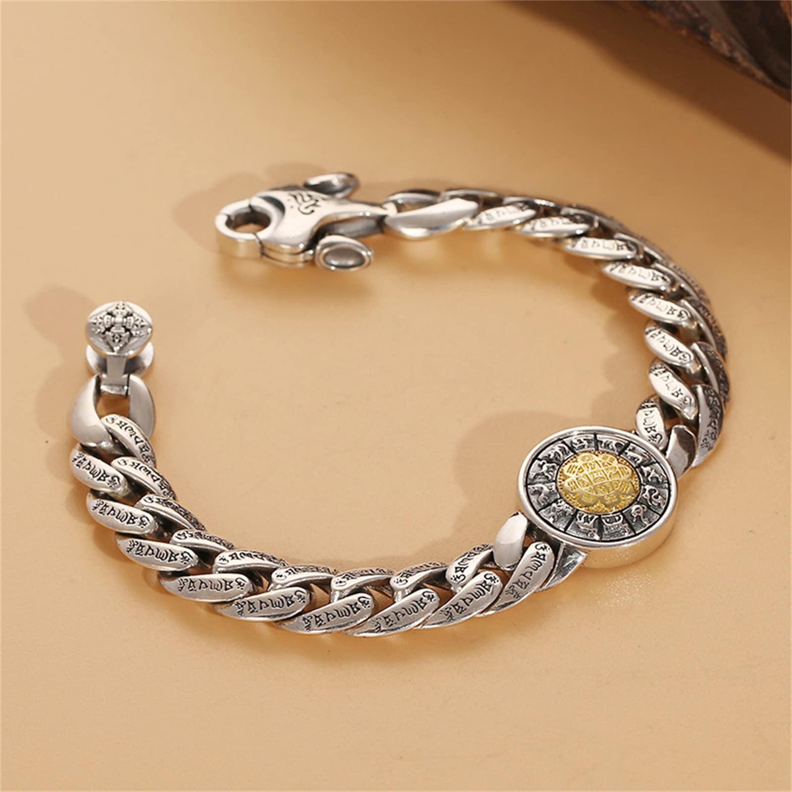 Brazalete del Zodíaco para Hombre Plata Ley S925, Brazalete Gótico Vintage Jiugong Bagua, Plata, 20 cm