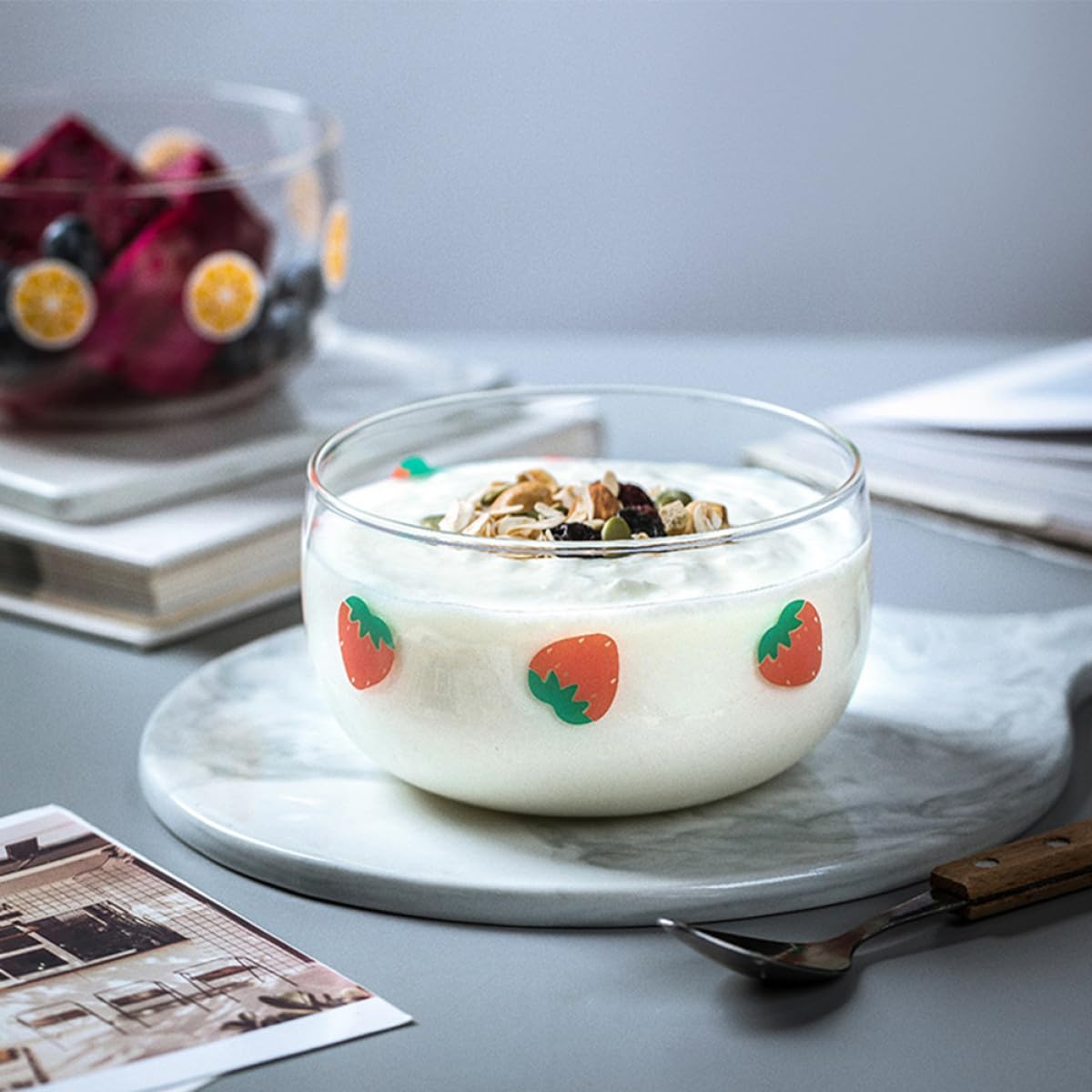 DOITOOL 4 Piezas Cuencos de Vidrio con Diseño de Fresas Bol para Ensalada y Postres Recipiente Transparente para Frutas para Cocina y Hogar Resistente y Decorativo