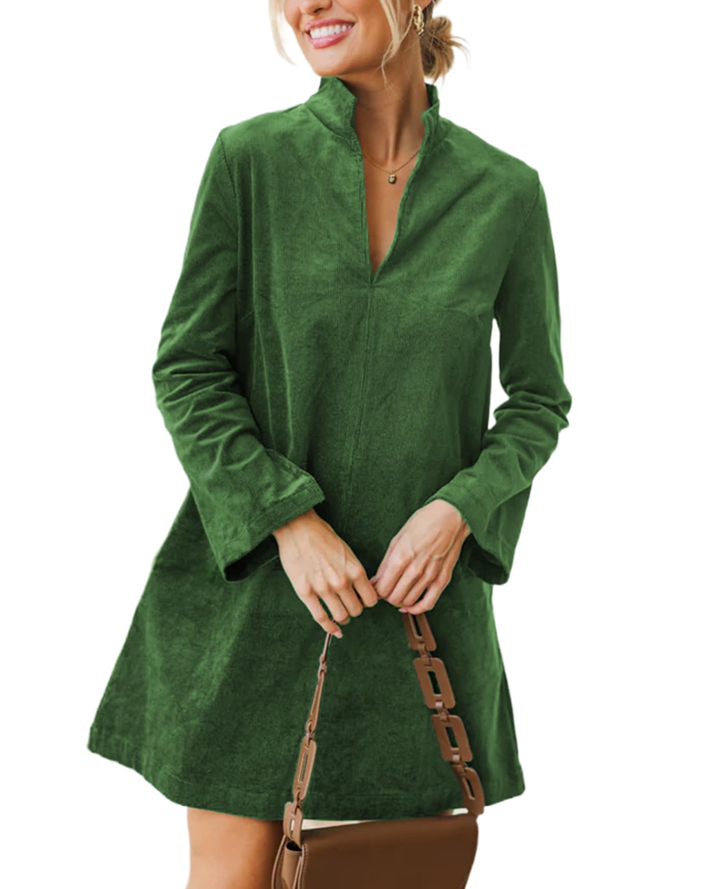 Women Corduroy Dress V Neck Long Sleeve Casual Vintage Retro A Line Mini Dresses