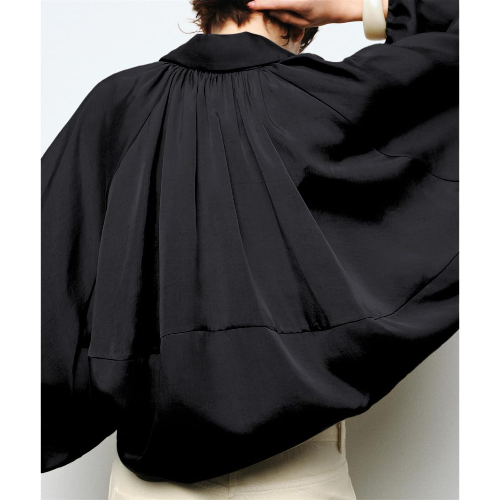 Chaquetas bomber abullonadas sedosas para mujer, manga murciélago, cuello de solapa, cremallera, ropa exterior, camisas plisadas de gran tamaño