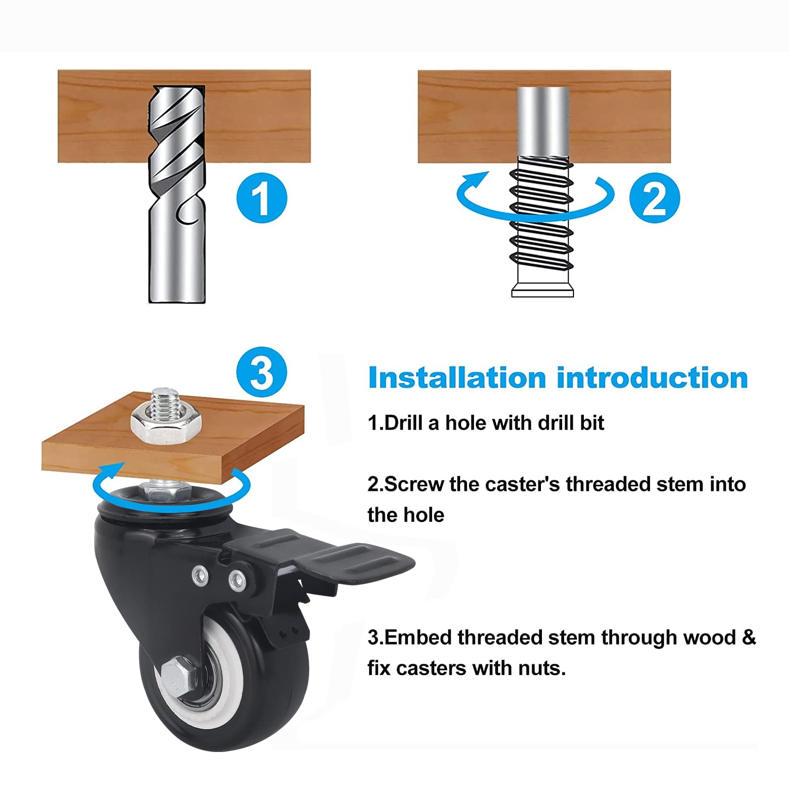 Set di 4 Ruote con Perno da 2", Perno filettato metrico M10 x 25 mm, Ruote per carichi Pesanti con Doppio bloccaggio di Sicurezza, Ruote girevoli con Freno, Portata 500 libbre.
