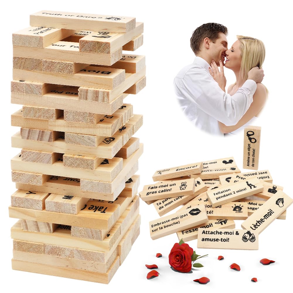 DASIAUTOEM Jeu de Tour de Blocs Coquins 48 Pièces, Lust Tower pour Couples, Jeu Coquin de Tour Infernale pour Adultes, Blocs Empilables en Bois, Cadeaux de Rencontre pour Couples Adultes