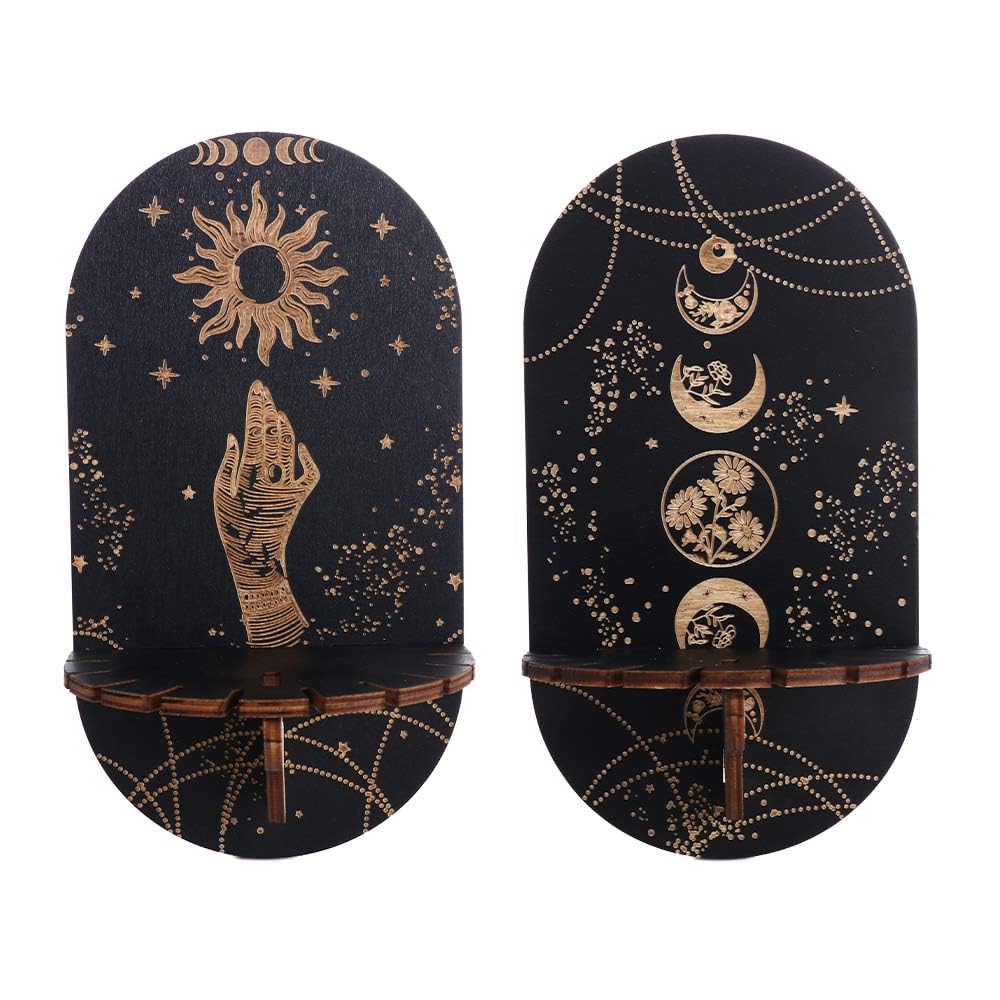 Vctitil2 Pcs Crystal Shelf Black Wooden Crystal Holder Stand Display Shelf Crystal Holder Wooden Moon Phases Boho Home Decor,8.46 * 4.56 inch