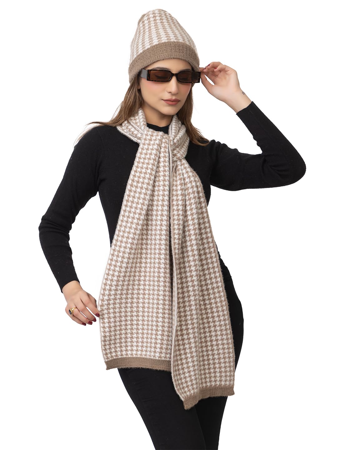 Winter Knitted Scarf and Beanie Cap with Fleece Combo for Women | Woolen Soft and Warm Beanie Fur Hat and Muffler Set for Cold Weather