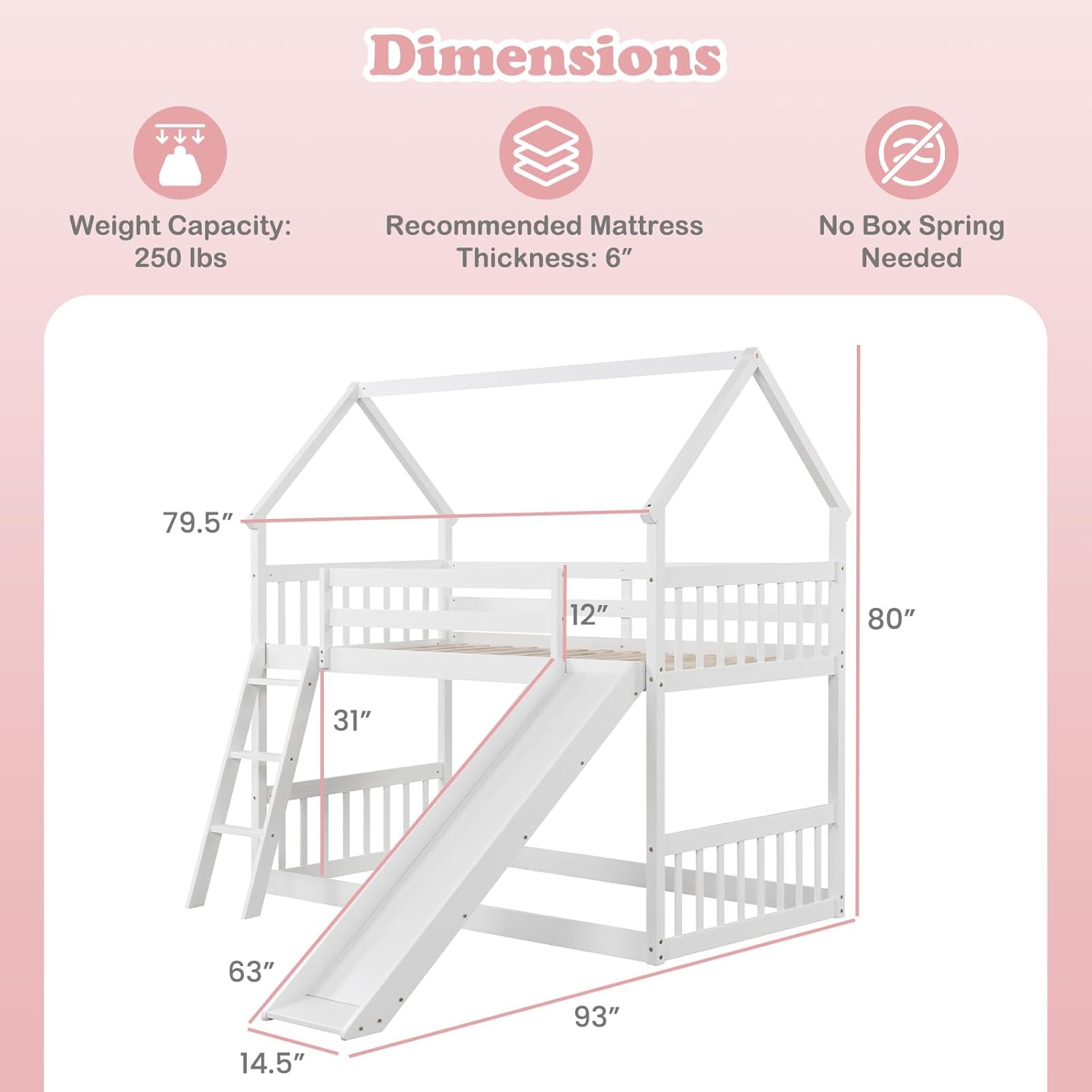 Diagram showing the dimensions of the KOMFOTT Twin Over Twin House Bunk Bed, including length, width, height, slide dimensions, guardrail height, and under-bed clearance.