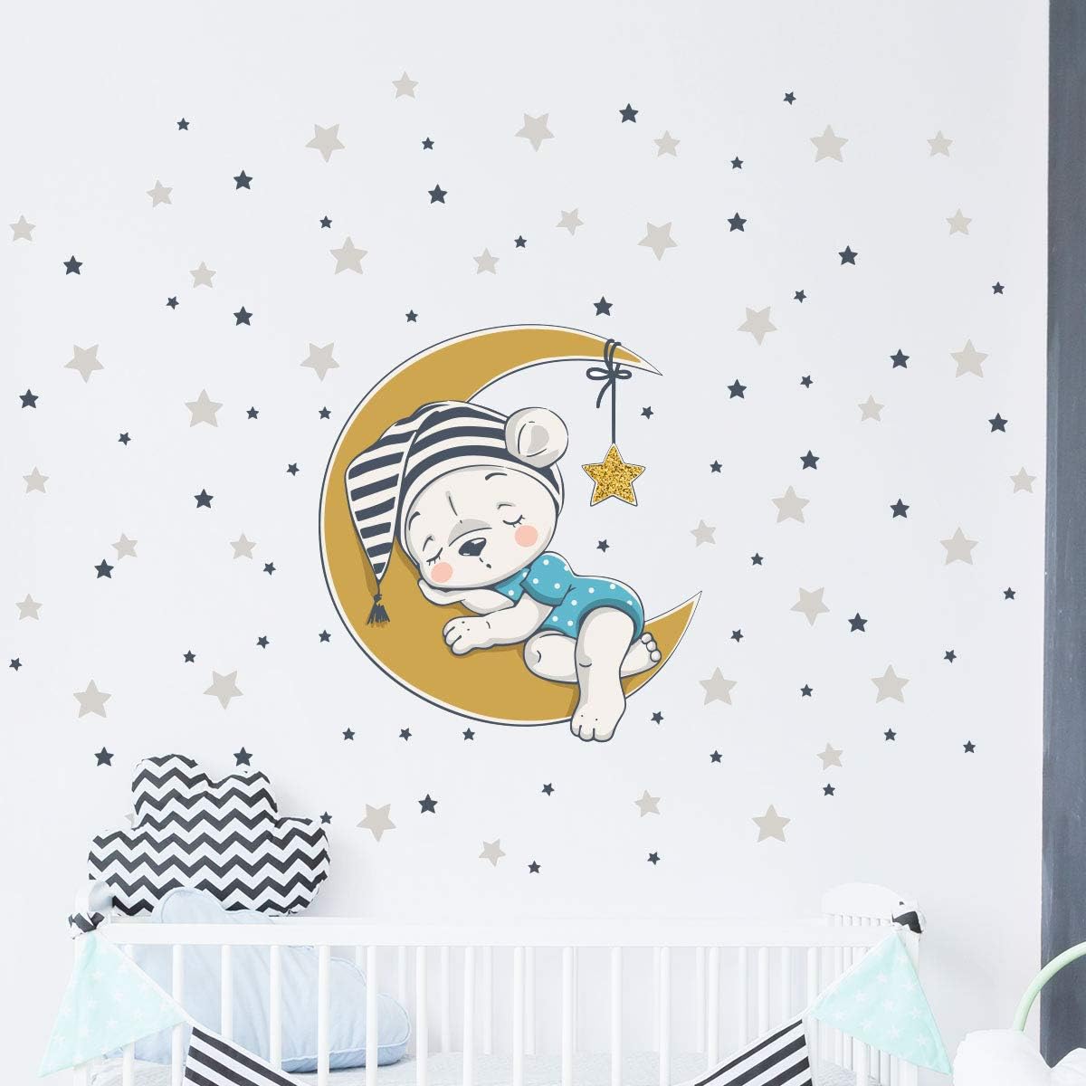 Wall Stickers for Children – Baby Room Decoration – Wall Stickers – Bear on Moon + 100 Stars – Wall Sticker – H30 x L30 cm