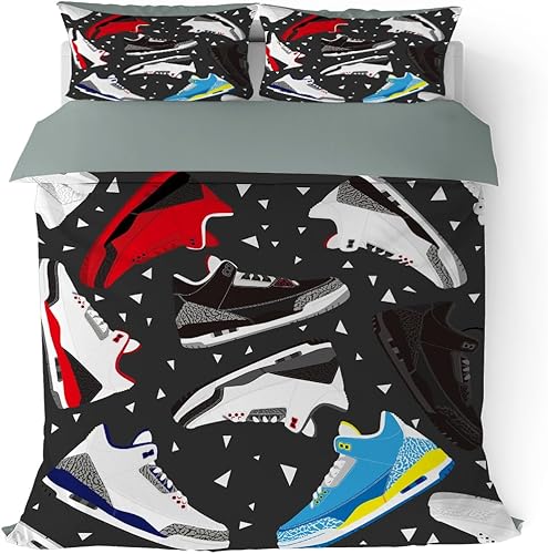 Juego de funda de edredón con zapatos de baloncesto, tamaño Quenn, ropa de cama de 3 piezas de microfibra suave con 2 fundas de almohada para