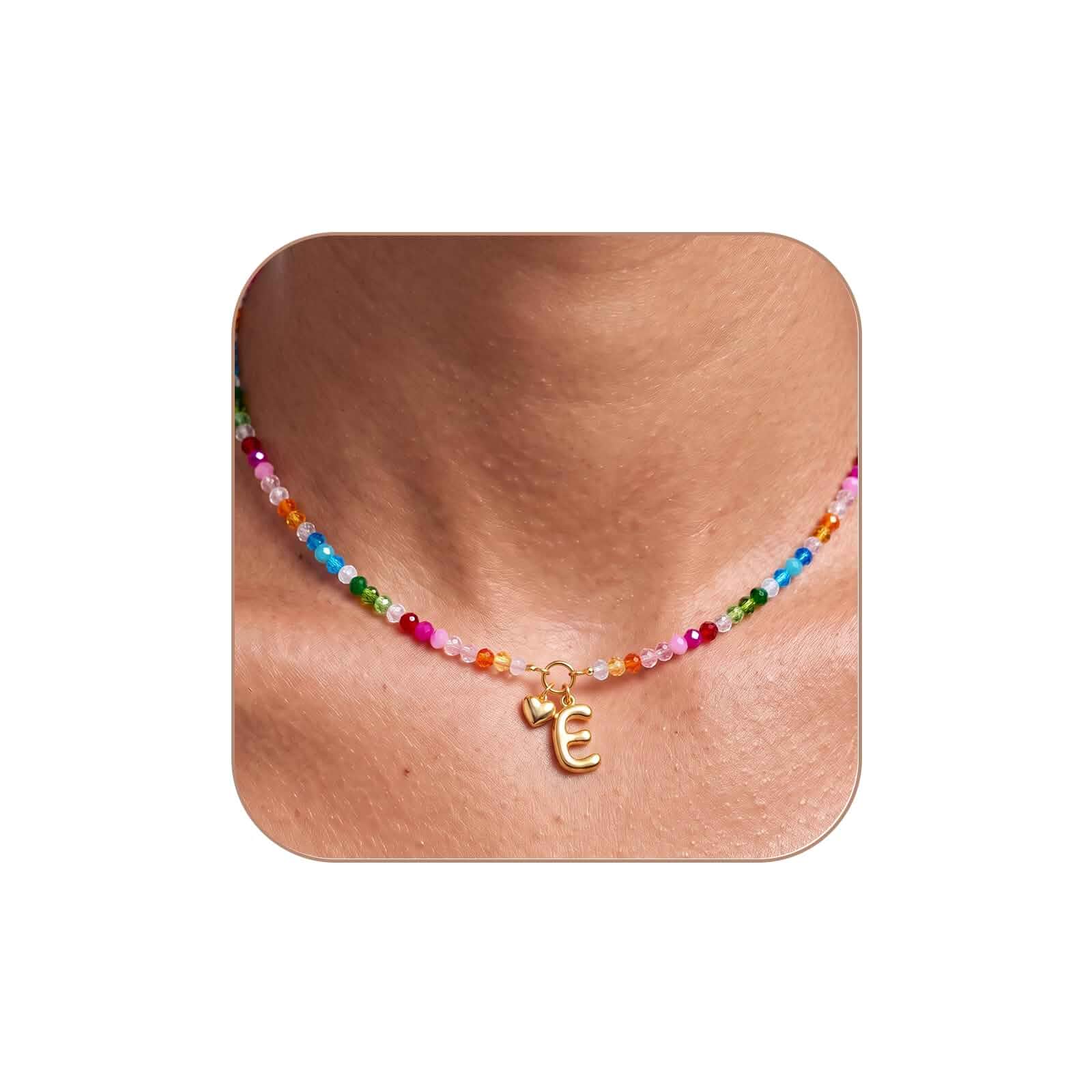Initial Necklace for Women Colorful Beaded Necklaces Initial Heart Bubble Letter Necklace Summer Necklace Jewelry Gift