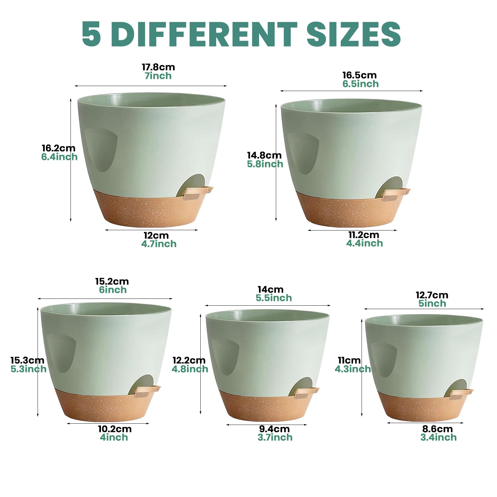 Shinybox 5 Piezas Maceta de Interior con Drenaje, 17.8/16.5/15.2/13.9/12.7cm Macetas de Auto-Riego, Macetas de Plástico con Asa, Macetas de con Forma de Flor para Interior para Decoración(Verde) - 3