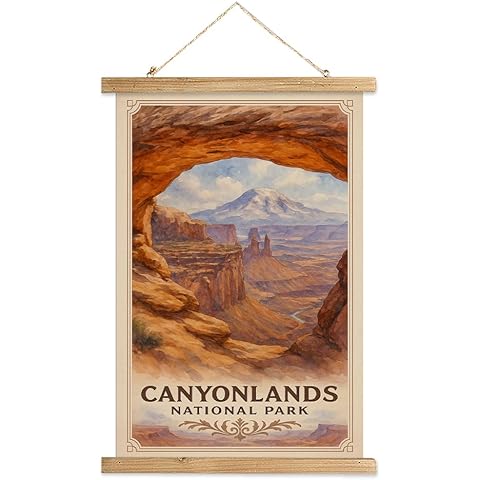 MIDEFINCH Canyonlands National Park Art Print, Vintage Linen Canvas Poster with Solid Wood Scroll Frame, Rustic Landscape Wall Hanging for Living Room Bedroom Decor, 16x23 Inch