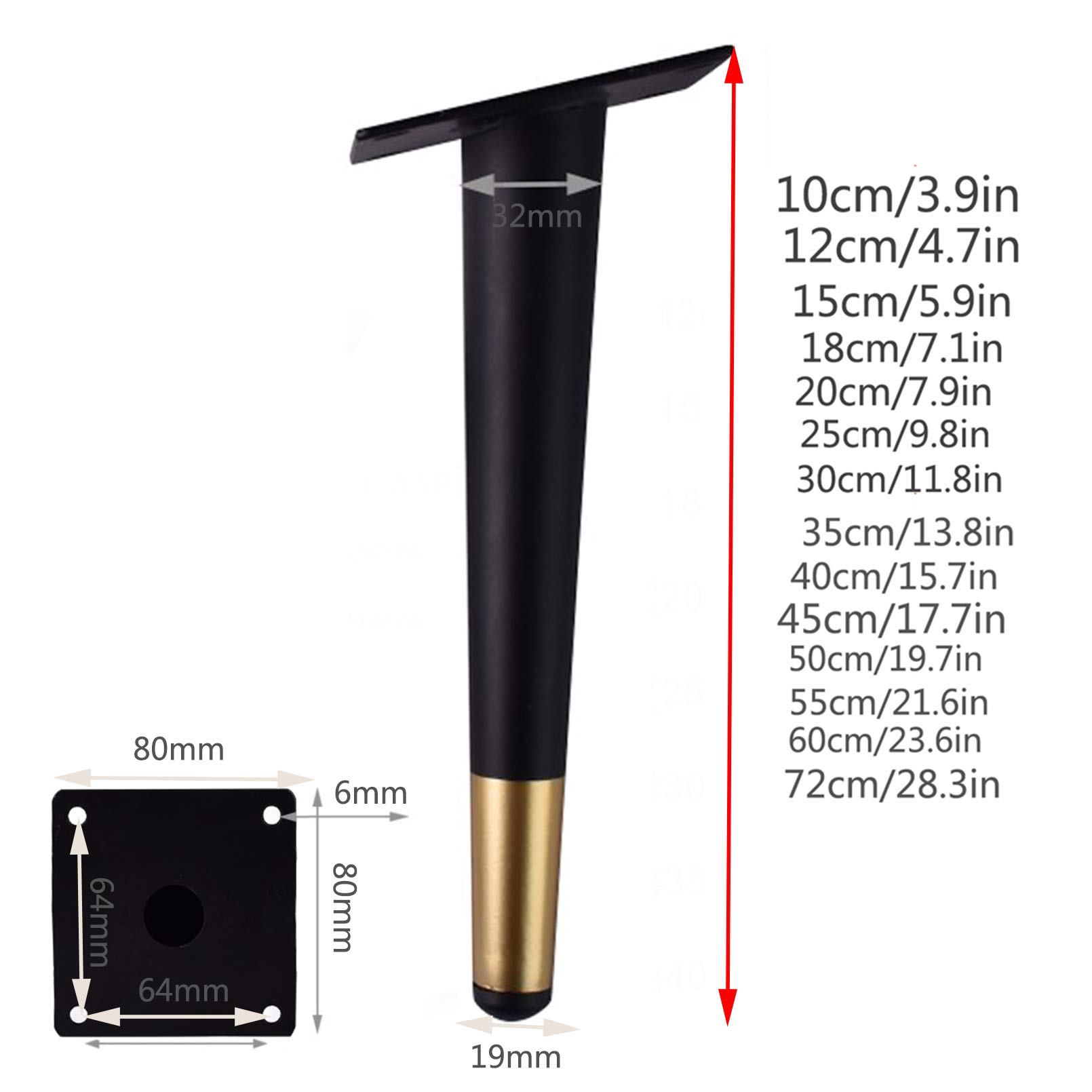 Lot de 4 Pieds de Meubles En MéTal,Pattes de Meuble En Tube CôNe,Pied de Canapé En Inclinaison,Pieds de Table En Le Fer de Bricolage,Pattes de Cabinet,pour Placard,Fauteuil(Black+gold30cm/11.8in)