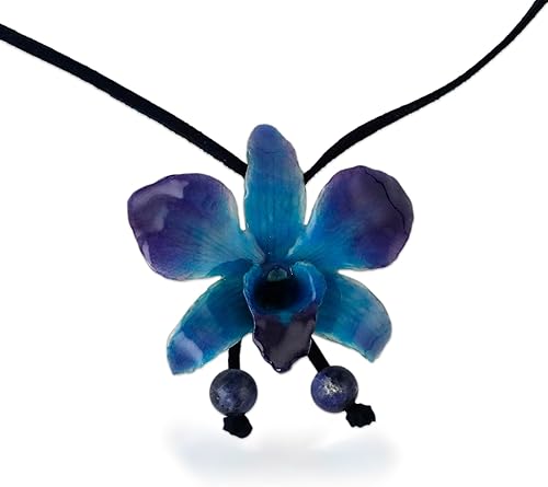 NOVICA Collar largo artesanal hecho a mano de sodalita de orquídea natural, flor de lariat, hoja de cuero, azul Tailandia, floral 'azul medianoche'