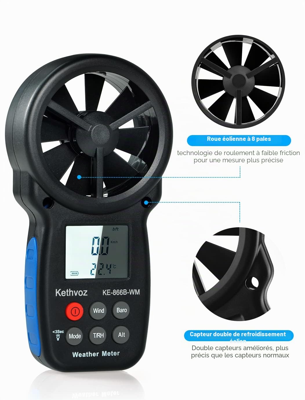 Kethvoz Anémomètre Numérique, Anemometer Portable avec Baromètre Altimètre Mesure Vitesse du Vent Température Humidité Altitude pour Drone Randonnée Escalade VMC Air Balance KE-866B-WM