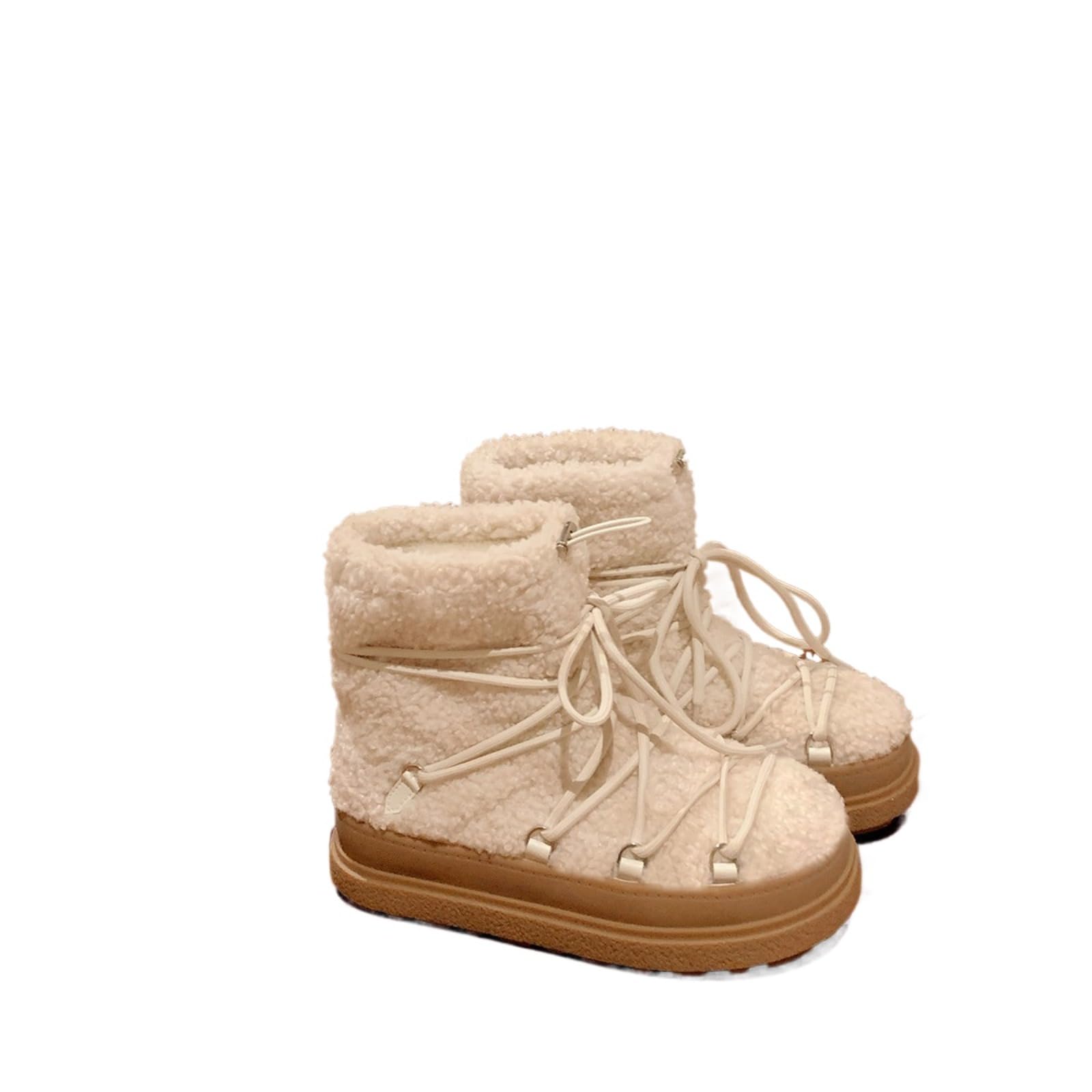 Womens Suede Lace-Up Snow Boots Plush Lined Platform Slip-On Winter Shoes for Casual Comfort Apricot 6