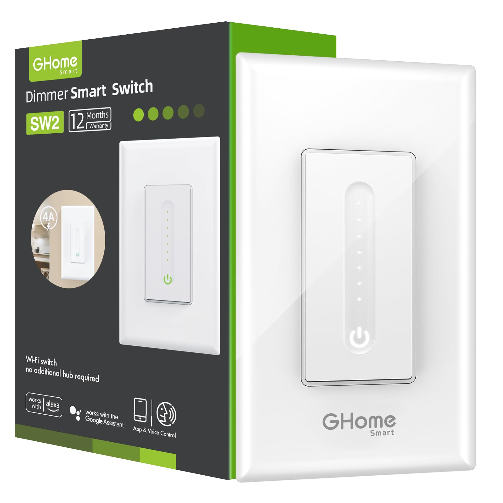 Ghome Smart Dimmer Switch Single Pole 2.4GHz Wi-Fi Light Switch Compatible With Alexa and Google Home, White 1 Pack