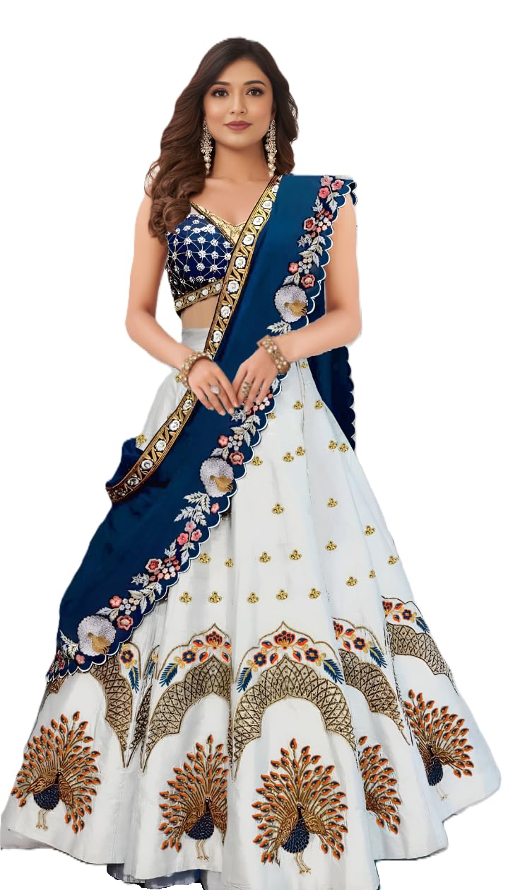Women's Ethnic Lehenga Choli Set – Heavy Zari & Thread Embroidery with Sequins – Stylish White Lehenga with Blue Dupatta for Weddings & Celebrations-image-32