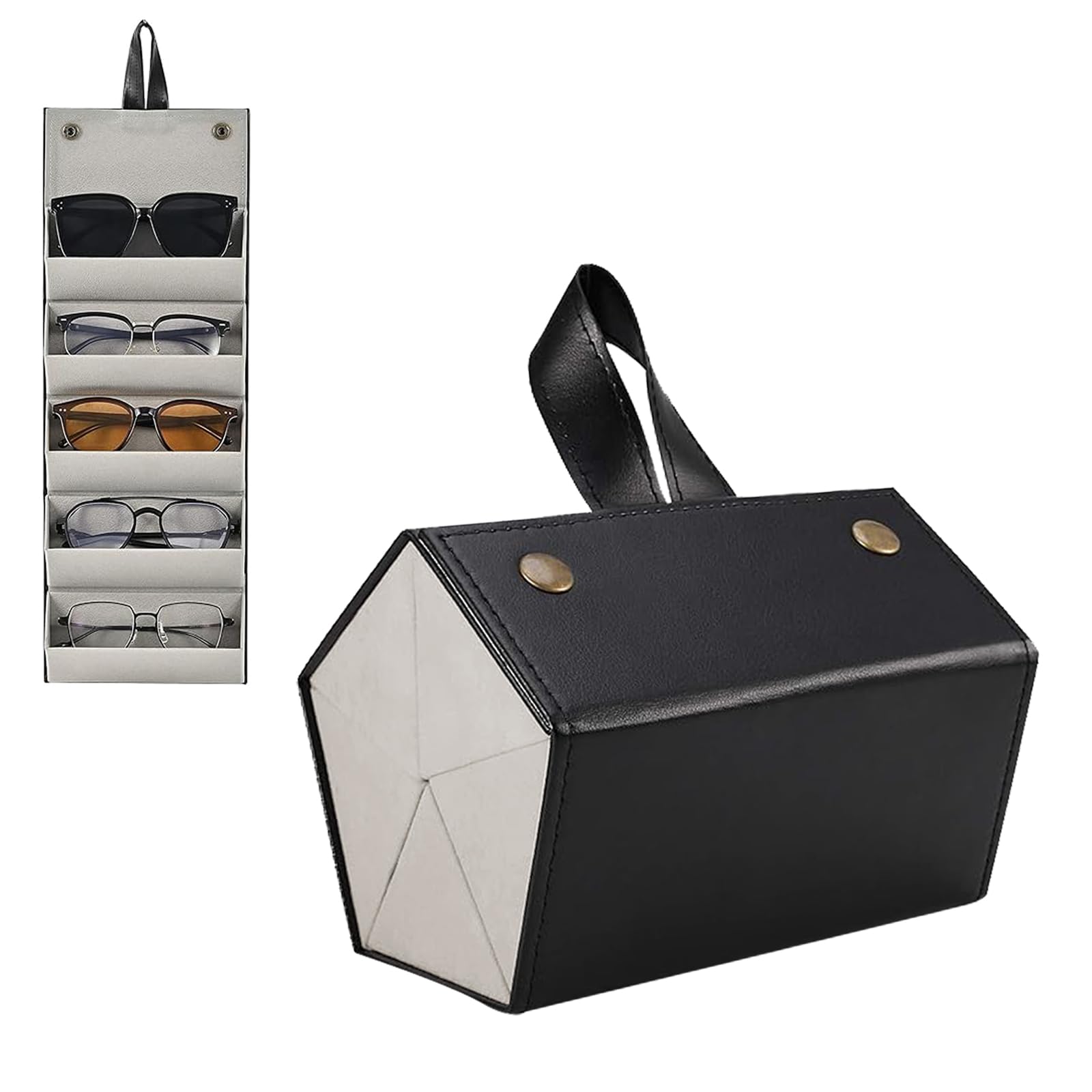 DEANKEJI 5 Compartiments Range Lunettes, 17 X 12,5 X 12 cm Rangement Lunette, Cuir Noir Range Lunettes, pour Lunettes de Soleil