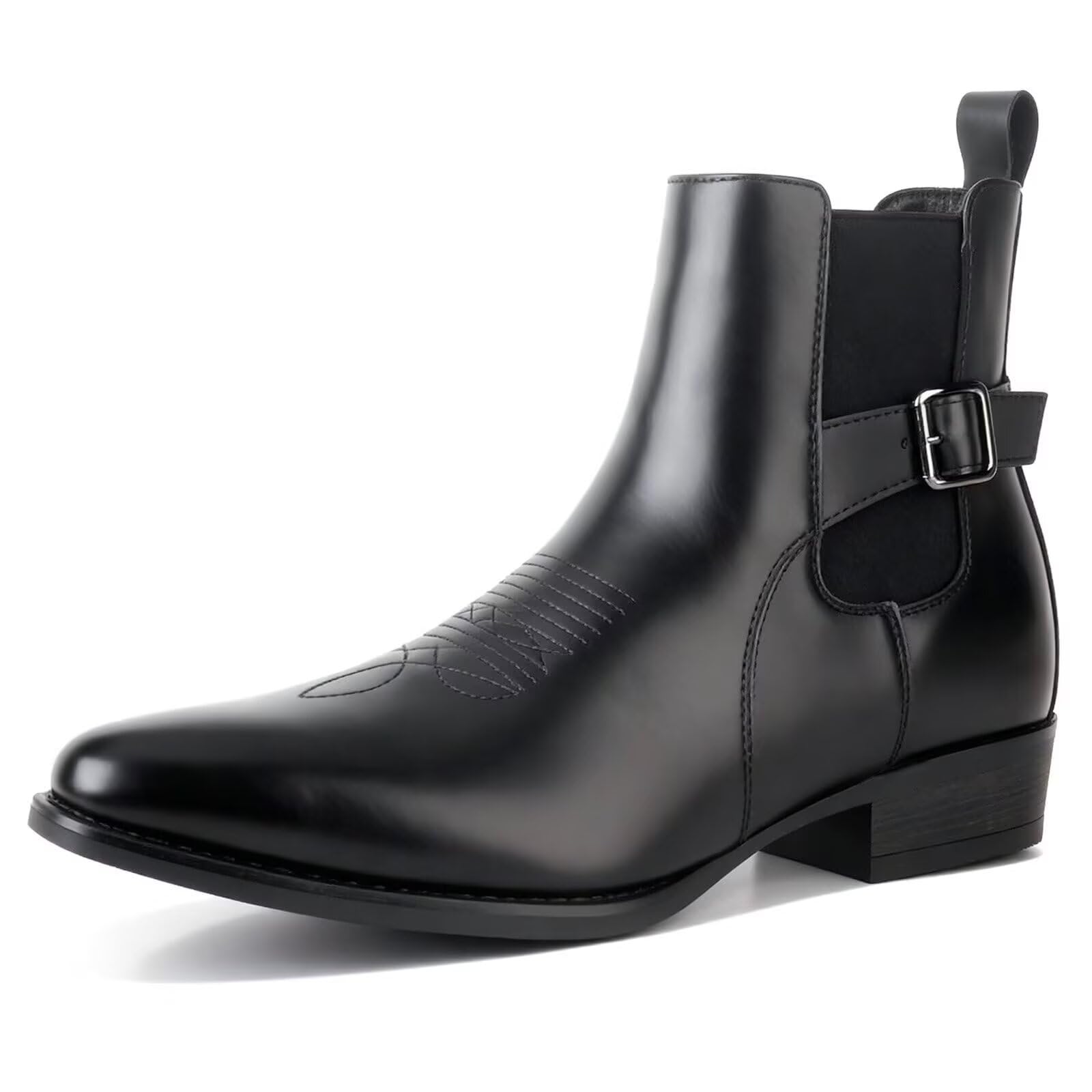 Men's Vintage Patent Leather Chelsea boots, Steel Toe Chelsea Ankle Boots with Embroidered Detail