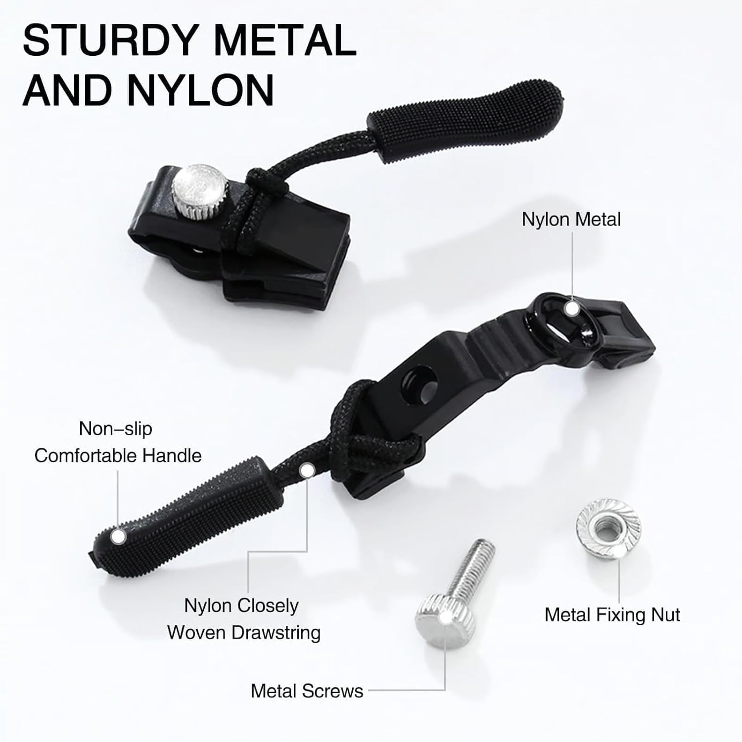 HEVIR Instant Zipper Repair Kit, 6Pcs Universal Zipper Slider Replacement with Nylon & Metal Pull Tabs, Adjustable Zipper Fixer for Bags, Coats, Shoes, Jackets, Backpacks, Tents, Skirts, Jeans (BLACK) 1