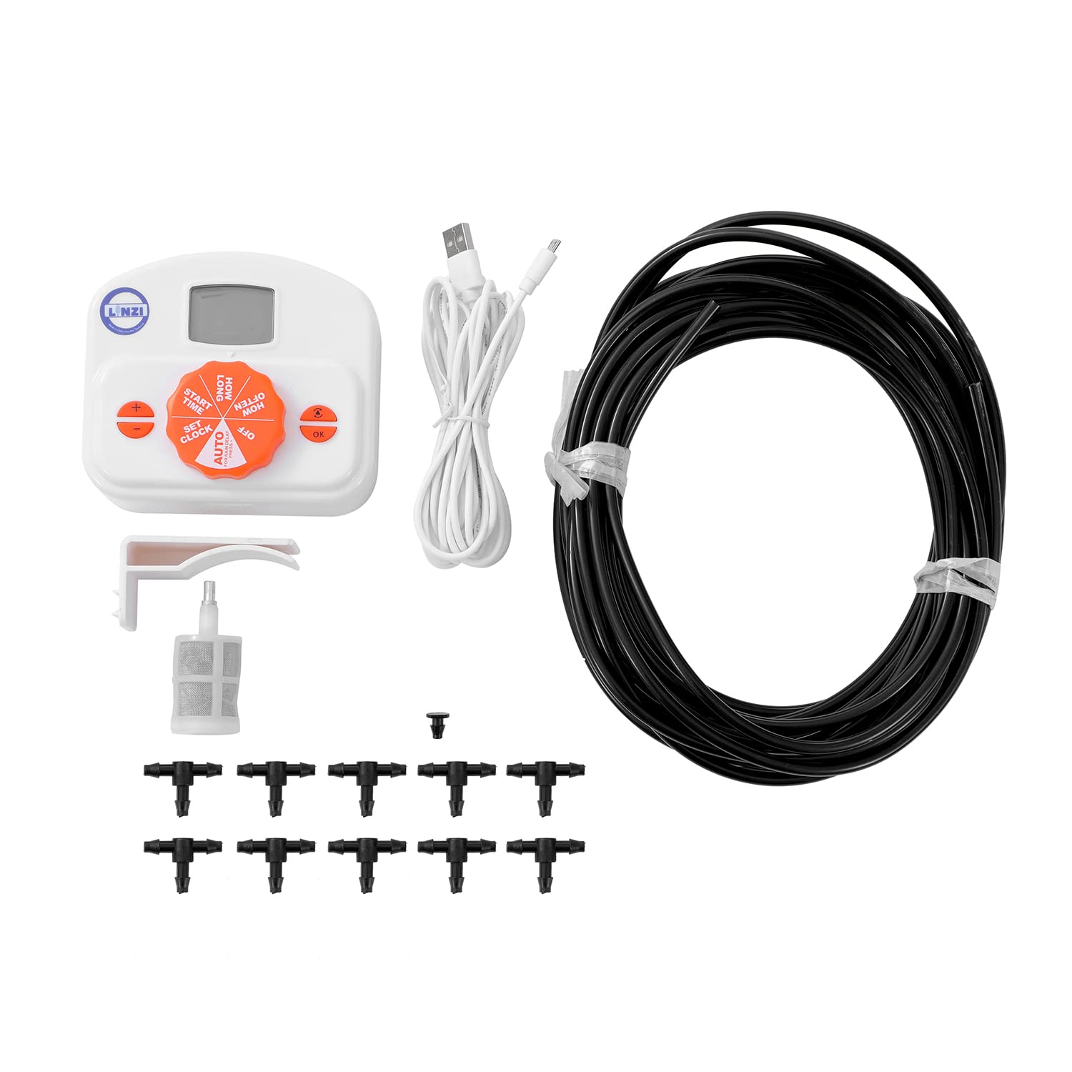 LINZI Digital Watering Timer USB Chargable Portable Programmable Water Pump Timer LCD Display Indoor Automatic Irrigation Watering Controller with 10M/33FT Micro Drip Irrigation Kit