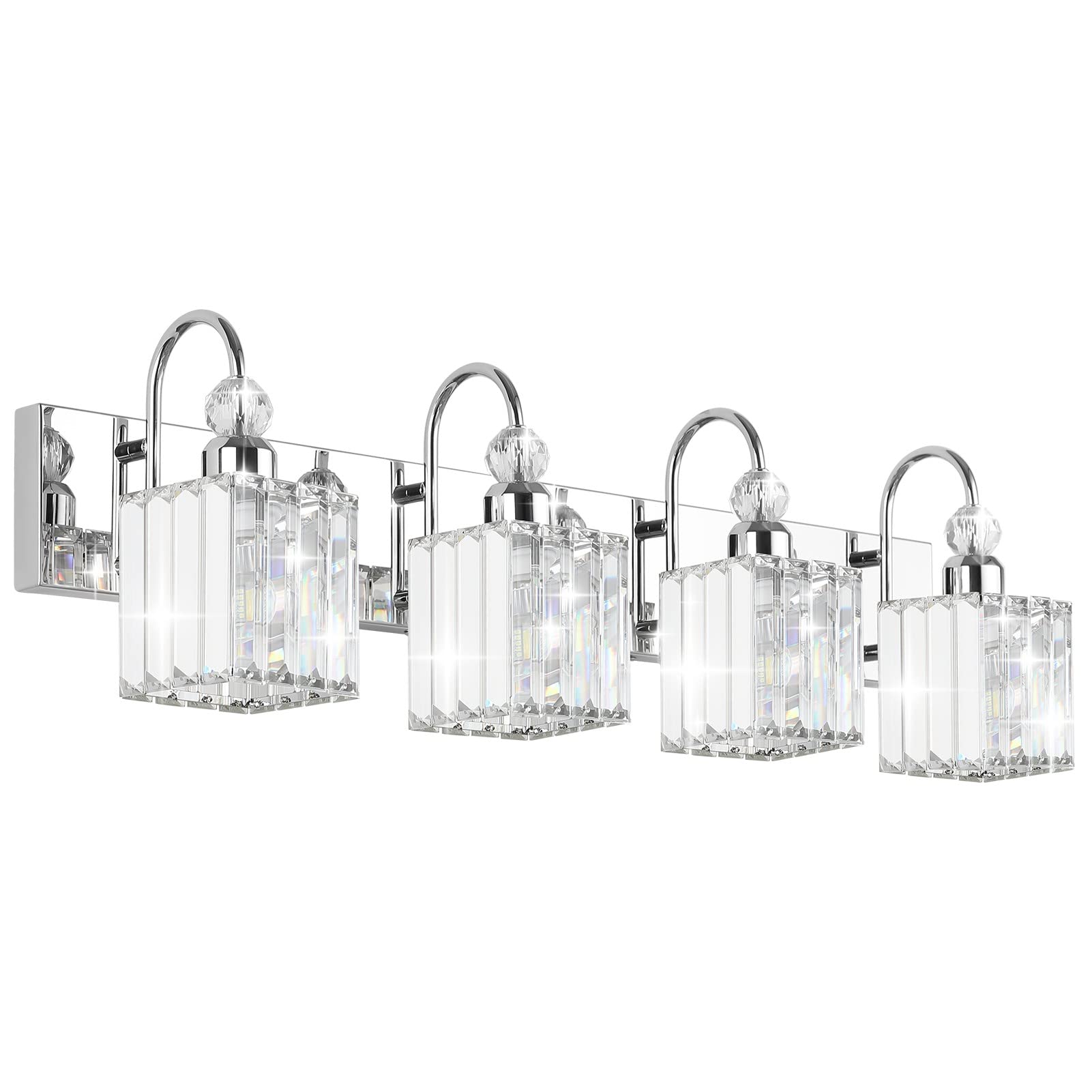 Ralbay Chrome Crystal Vanity Light for Bathroom 4-Lights 31.5'' Modern Bathroom Wall Lighting Modern Chrome Bathroom Vanity Lighting Over Mirror
