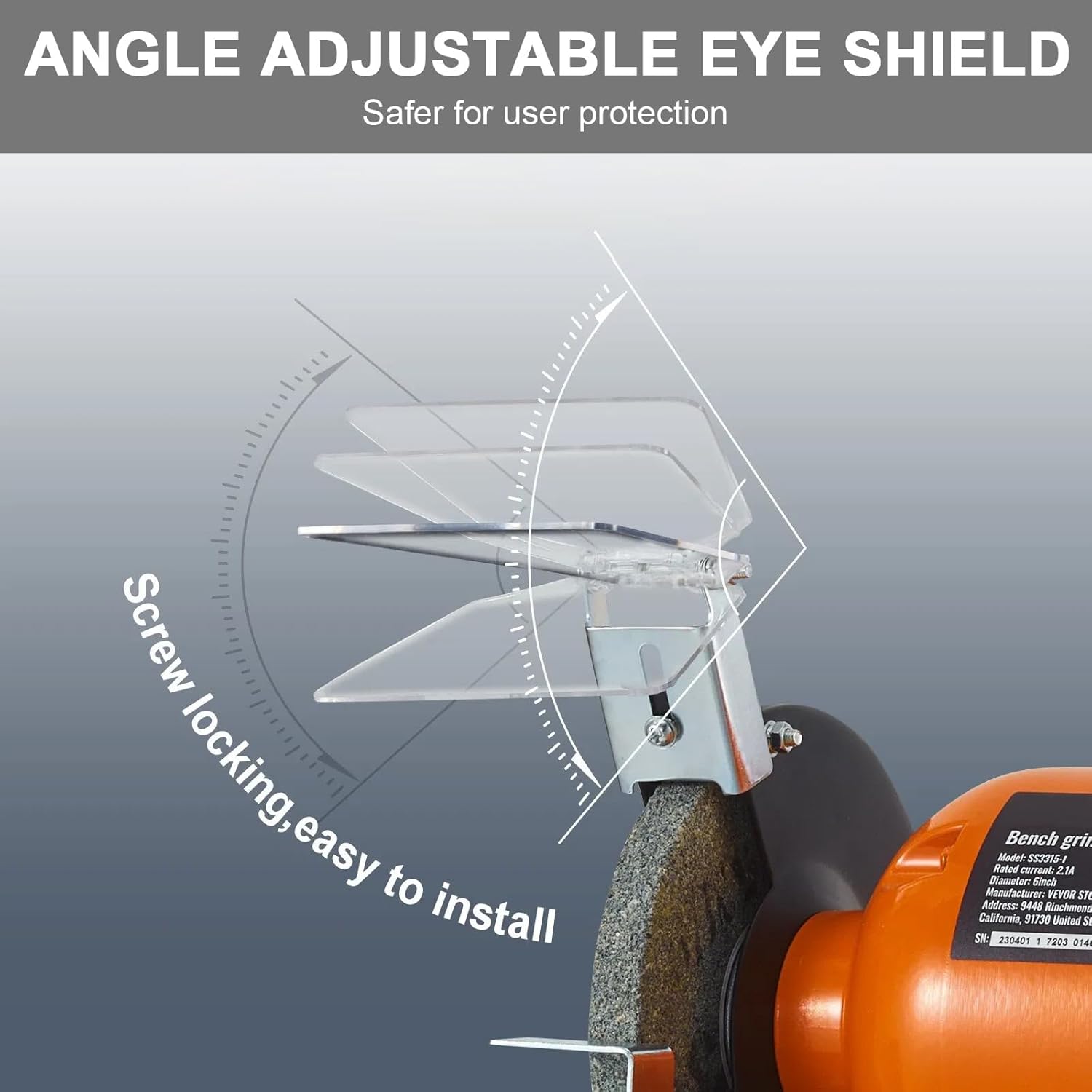 Adjustable eye shield on a bench grinder, showing screw locking mechanism for easy installation and user protection.