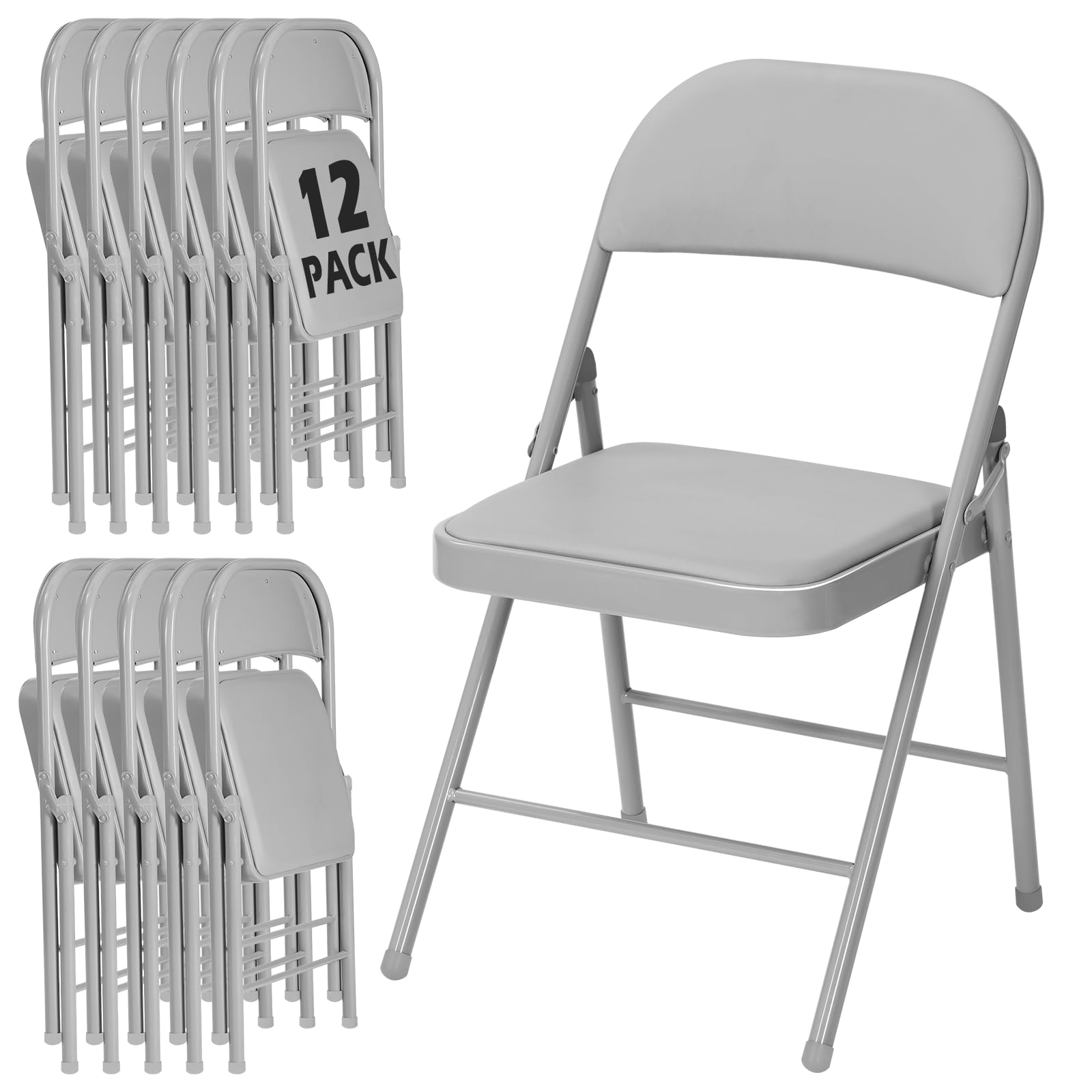 LING RONG 12 Pack Gray Folding Chairs with Padded Cushion for Outside, Portable Stackable Commercial Metal Foldable Chairs with Steel Frame for Home