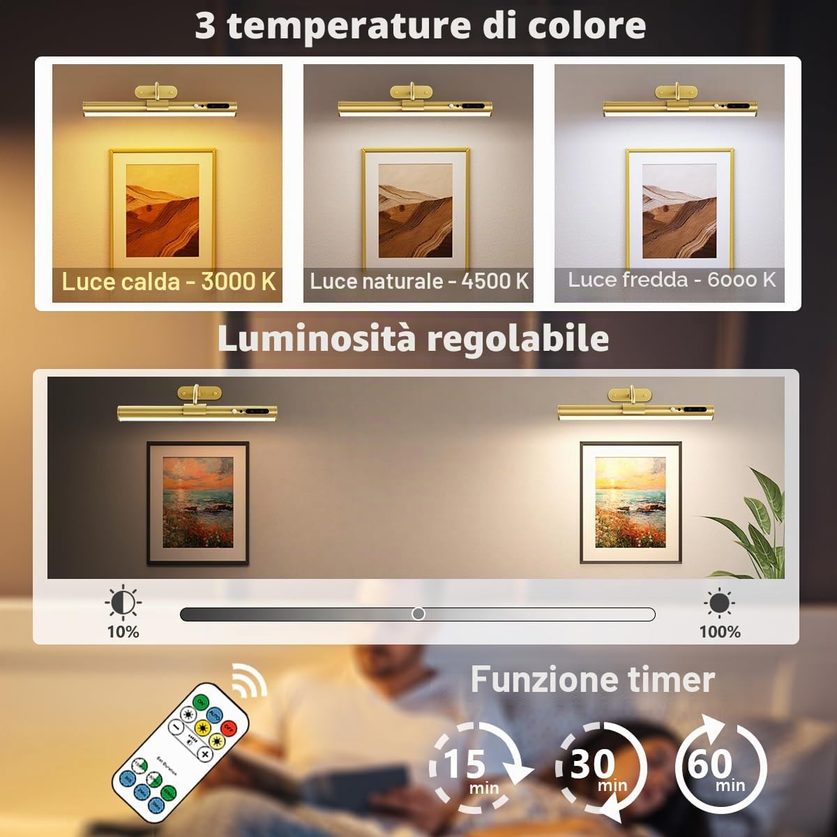 Applique da parete senza fili con Sensore di Movimento, Luce specchio bagno ricaricabile con telecomando e calamita,lampada LED parete per fotografica, muro, interno,wireless wall light