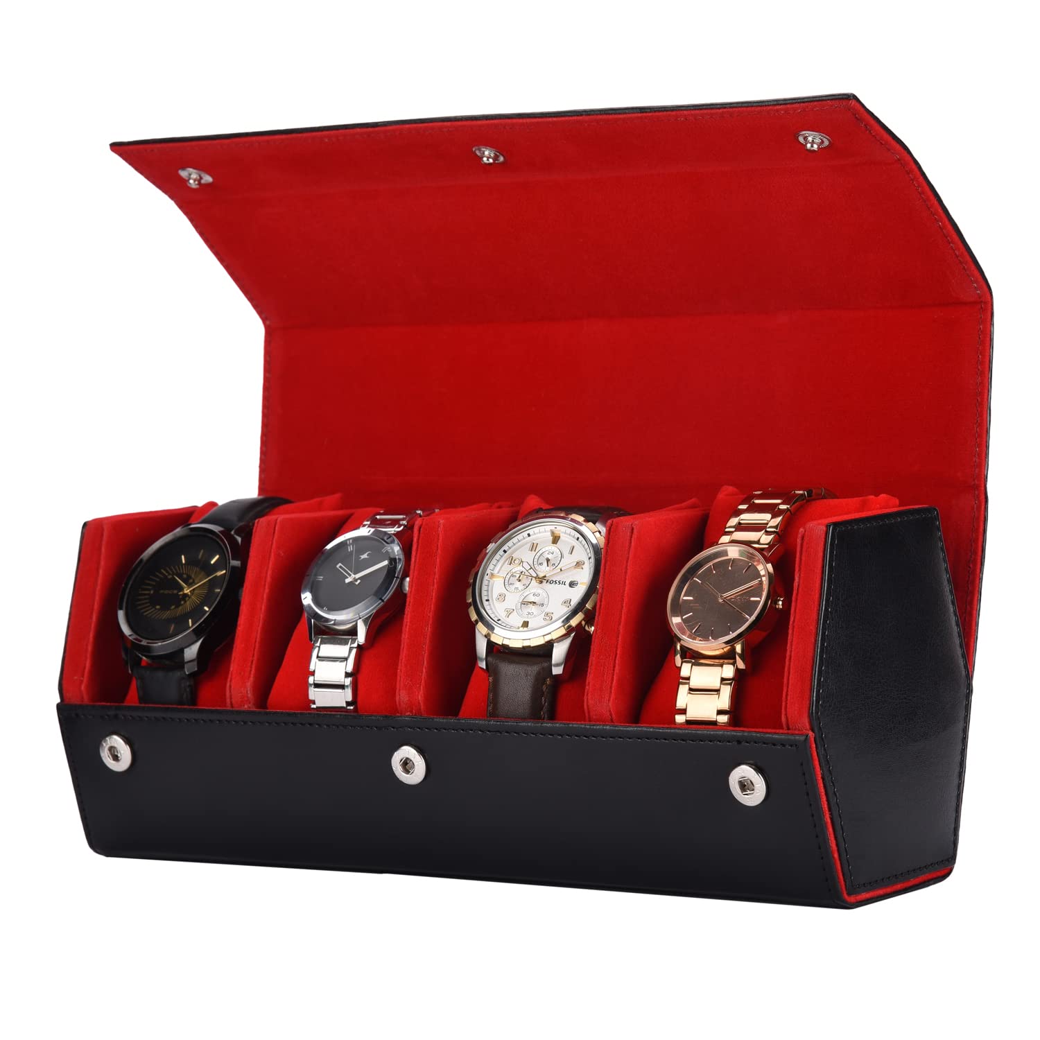 essart Sarvika collection Smart Watch Case for 4 watches for Men & Women PU Leather Watch Roll Organizer Watch box storage Case Watch Holder Pouch for Travel (WR-1024-Black-Red) (B0BQC4NSKM) Amazon Price History, Amazon Price Tracker