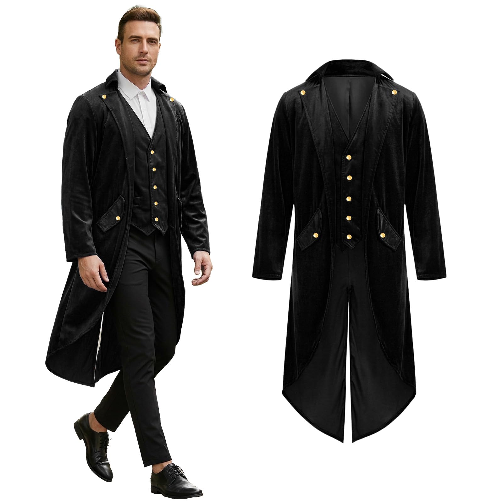 Crubelon Men's Gothic Steampunk Tailcoat – Long Victorian Jacket with Golden Buttons – Elegant Medieval & Renaissance Costume for Halloween, Carnival, and Cosplay Events (Black, L)