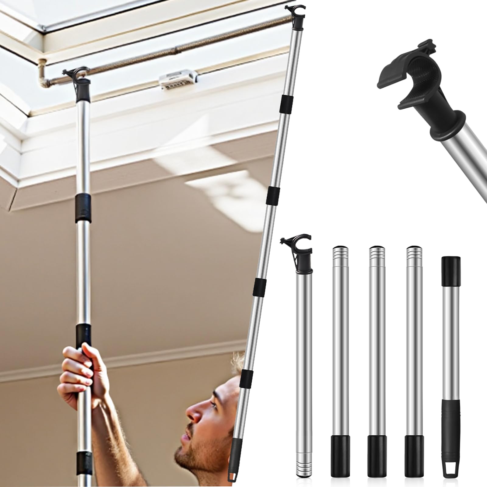 Asta Telescopica per Lucernario Velux GGL/GGU 185 cm Acciaio Inox Gancio Universale