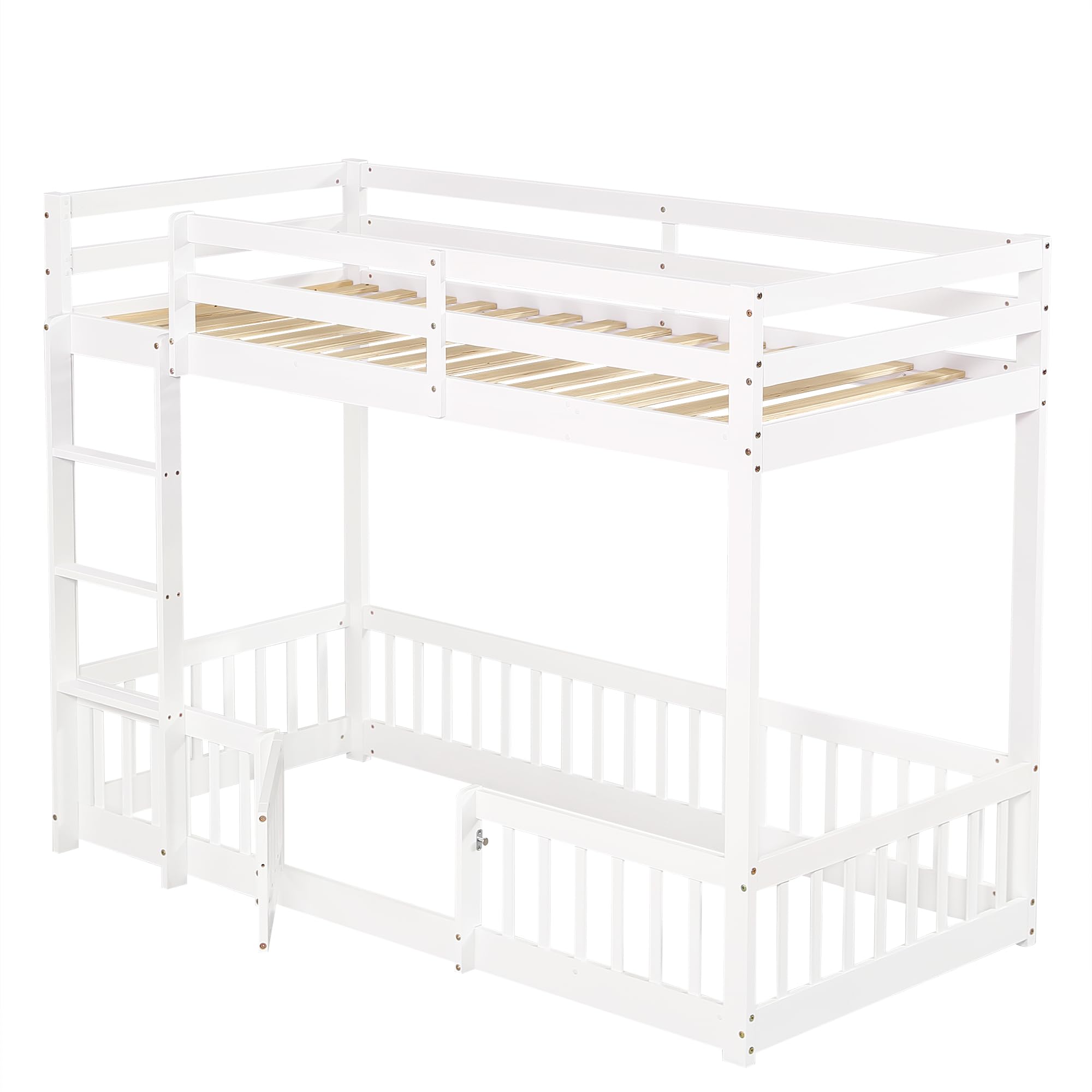 Etagenbett 90x200 cm, Kinderbett für 2 Kinder, Massivholz Einzelbett, Hochbett mit Rausfallschutz, Stockbett mit Zäune und Türchen, Jugendbett, ohne Matratze, Weiß