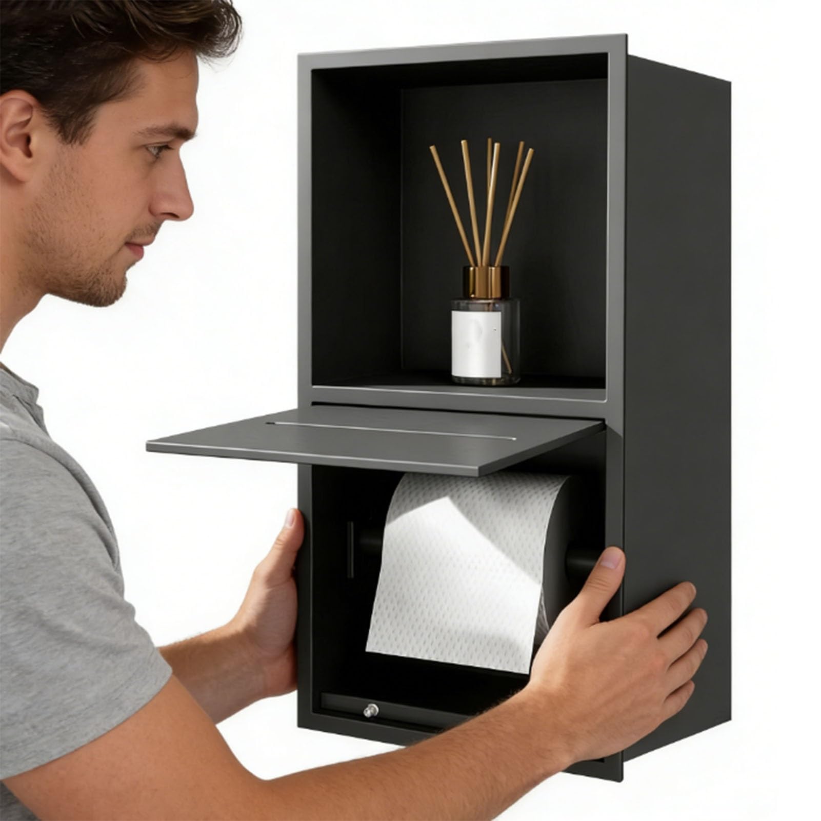 Portarrollos de Papel Higiénico Empotrado Portarrollos de Papel Higiénico Empotrado de Metal con Estante, Nicho para Papel Higiénico en El Baño, Armario para Papel Higiénico Empotrado en La Cocina
